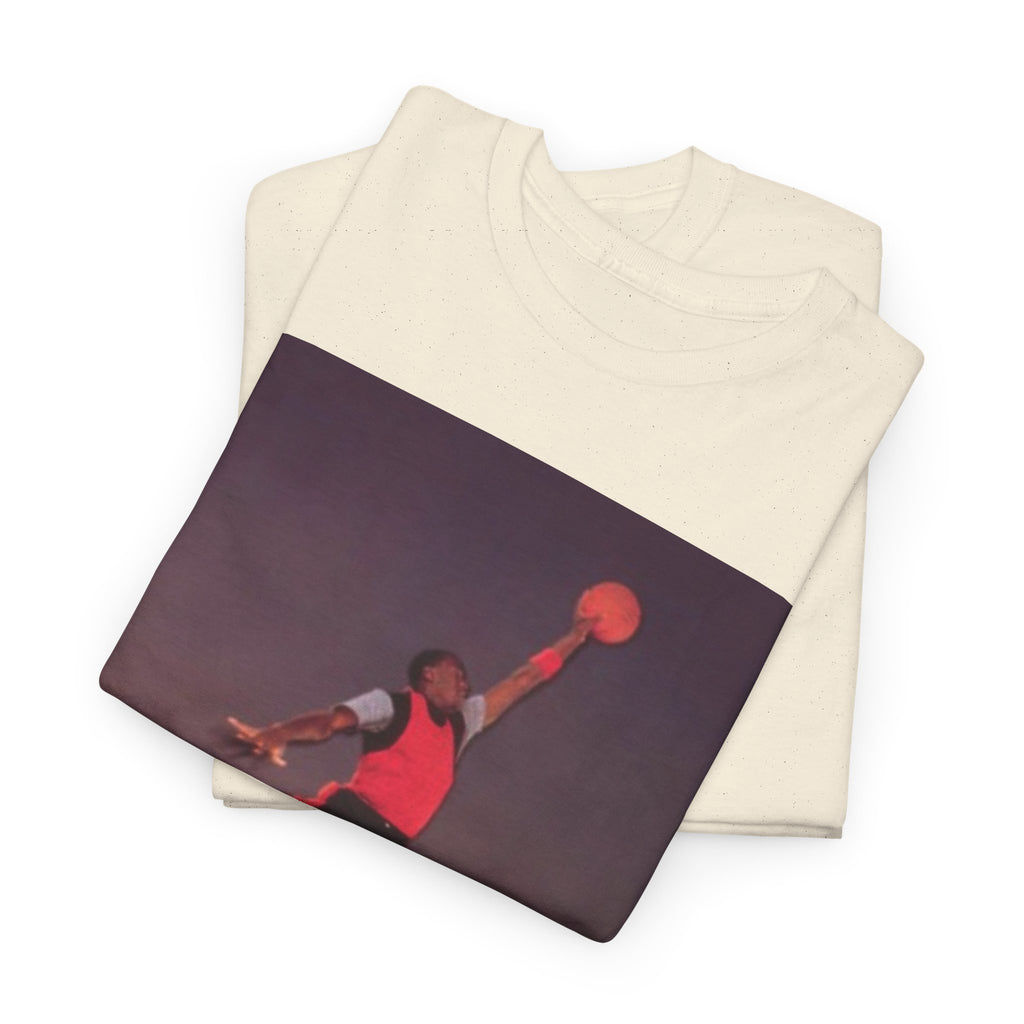 Basketball Jumpman Tee — Retro Skyline Graphic T-Shirt with Red Fist Back Emblem