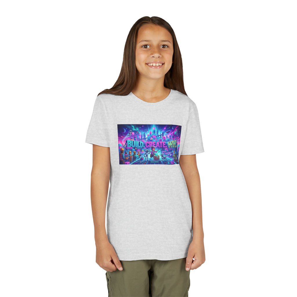 Youth Tee — “BUILD. CREATE. WIN.” Neon Builder City Design