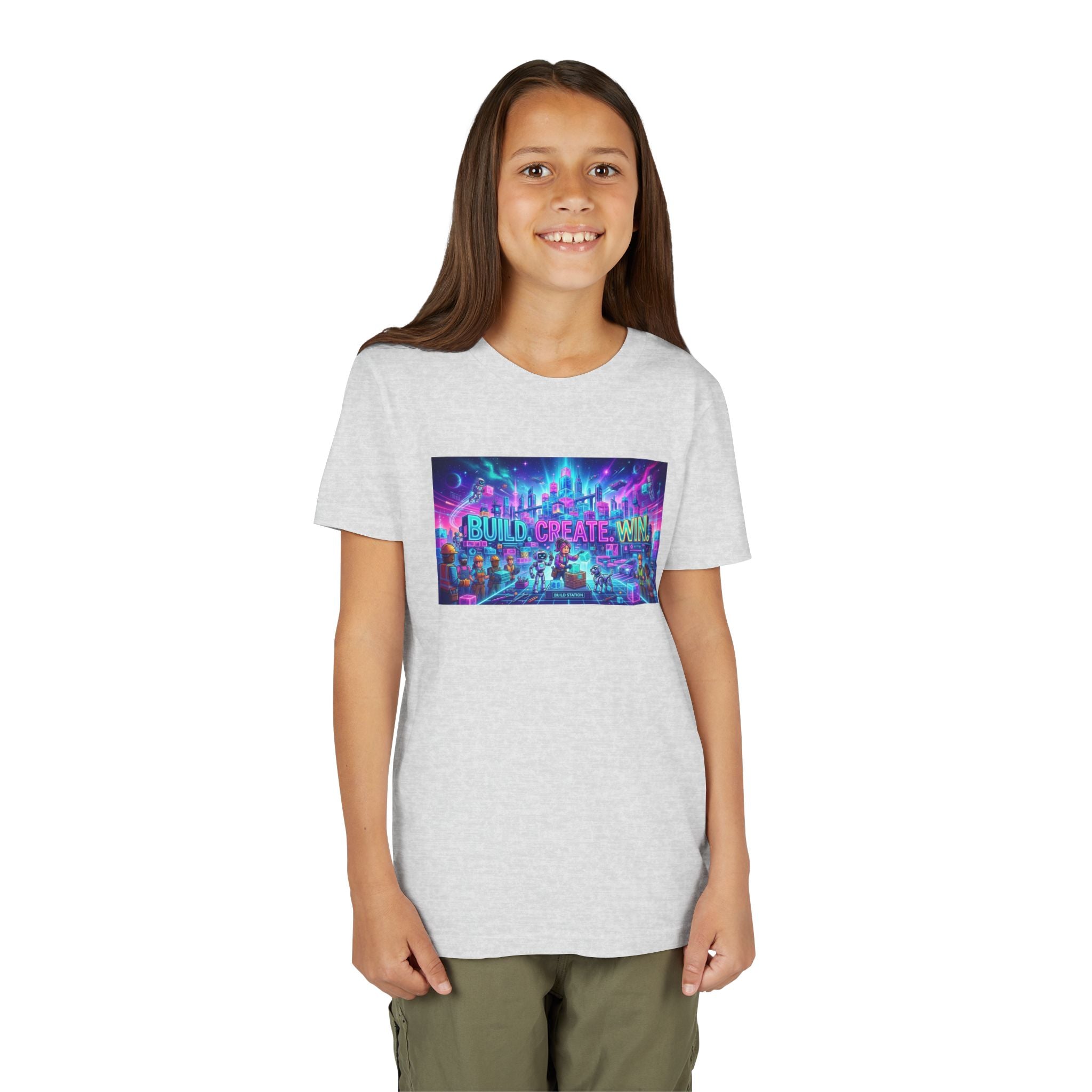 Youth Tee — “BUILD. CREATE. WIN.” Neon Builder City Design