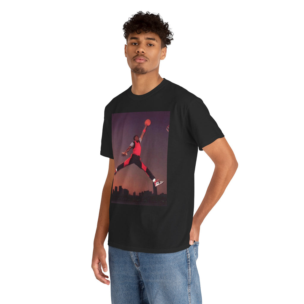 Basketball Jumpman Tee — Retro Skyline Graphic T-Shirt with Red Fist Back Emblem