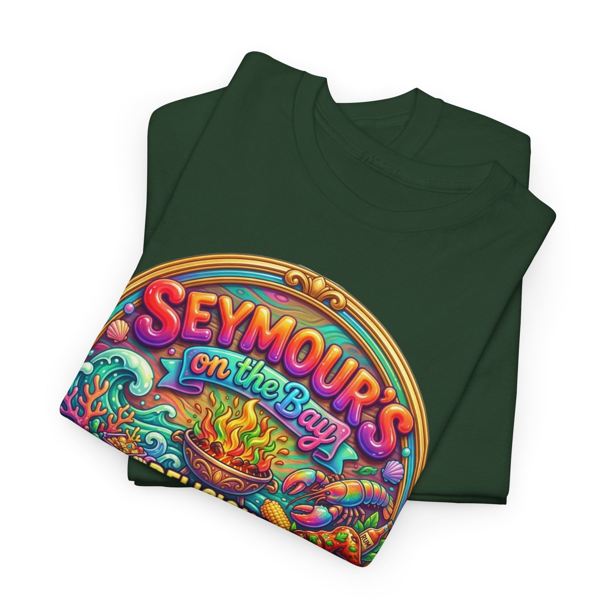 Caribbean BBQ & Seafood Tee — “Seymour’s” Vibrant Island Food Graphic T-Shirt