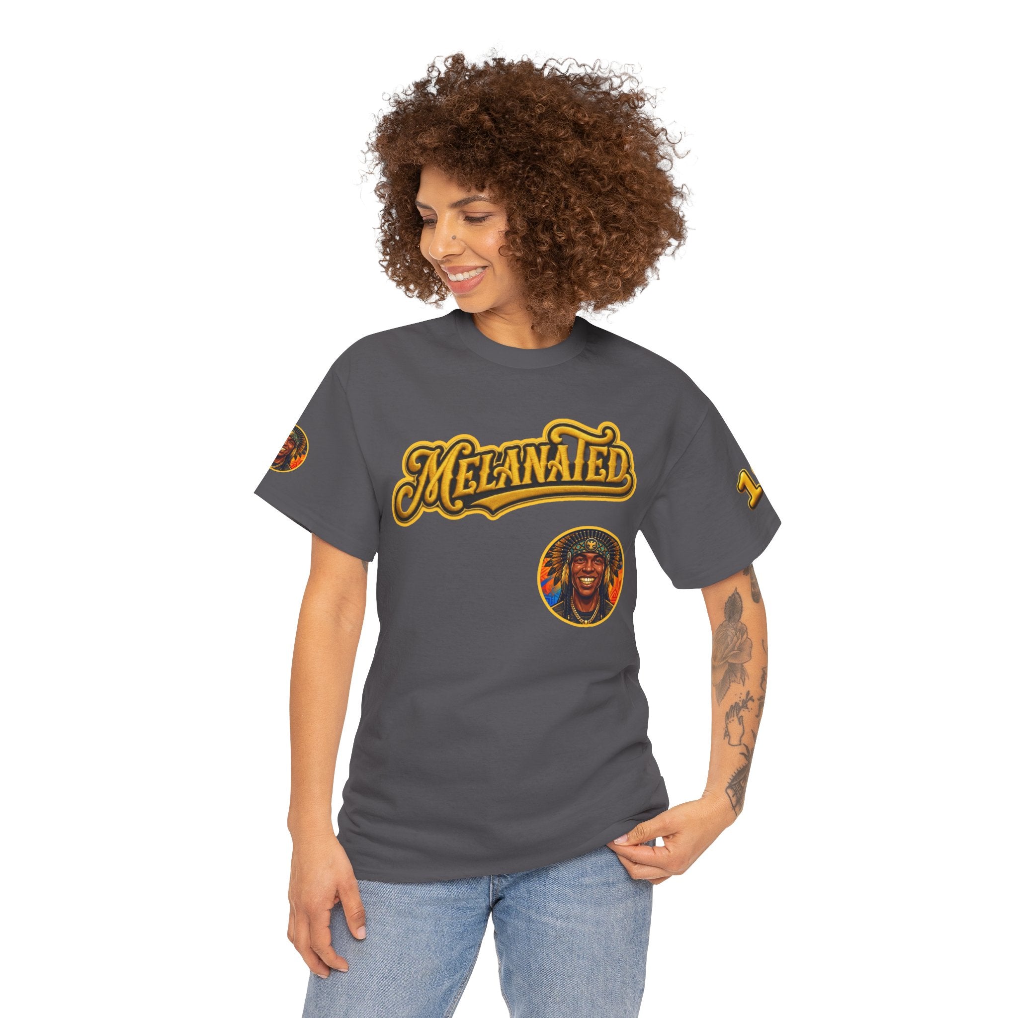 Melanated 19 Graphic Tee — Retro Script Logo & Gold Number Baseball Shirt