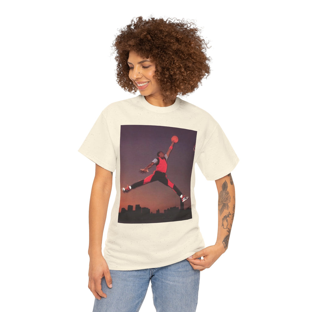 Basketball Jumpman Tee — Retro Skyline Graphic T-Shirt with Red Fist Back Emblem