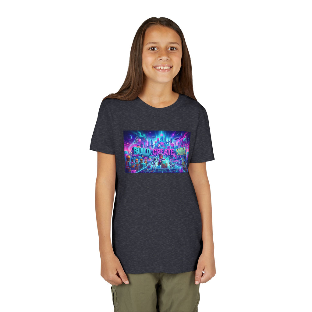 Youth Tee — “BUILD. CREATE. WIN.” Neon Builder City Design