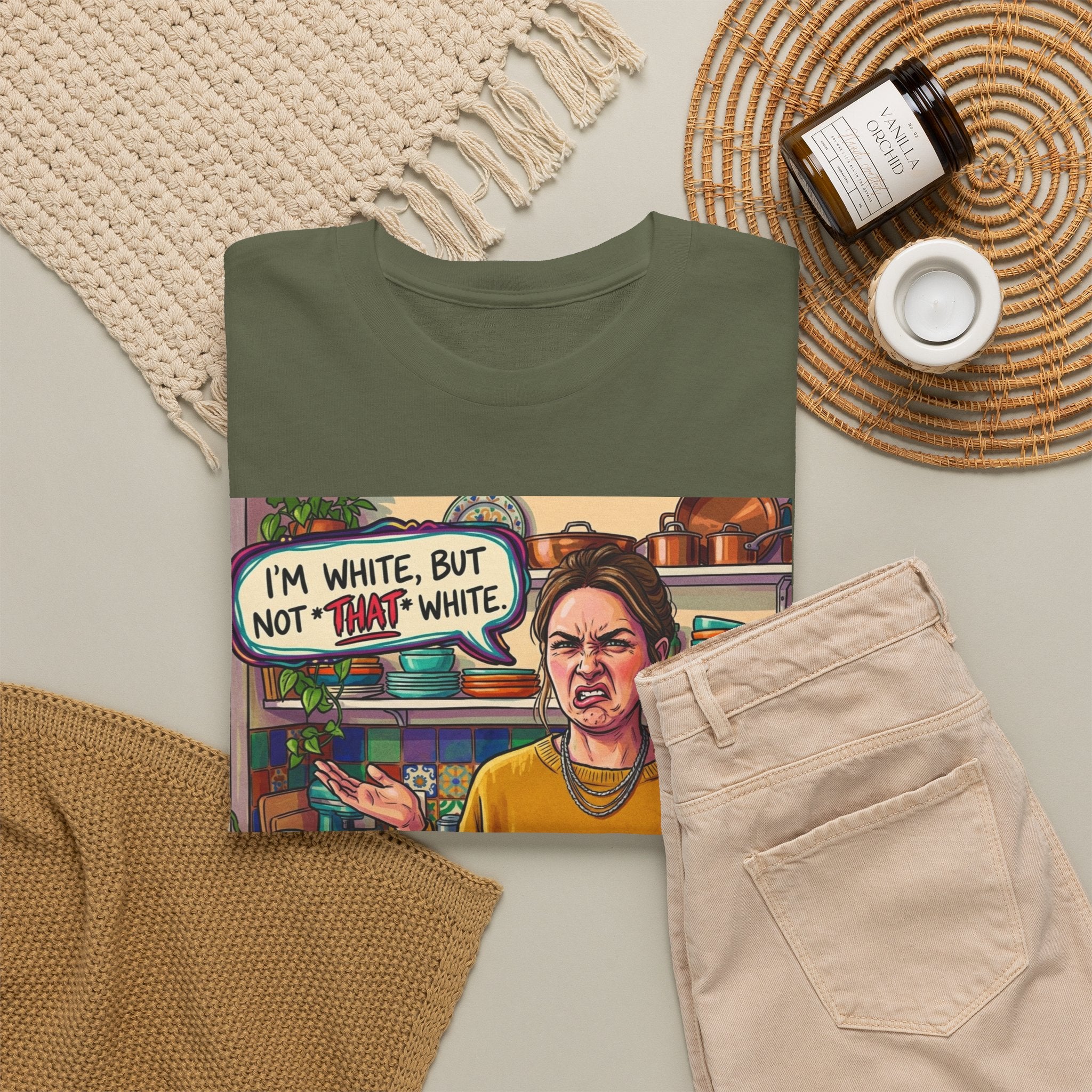 Graphic Tee — "I'm White, But Not THAT White" Illustration with Back Raised Fist Logo