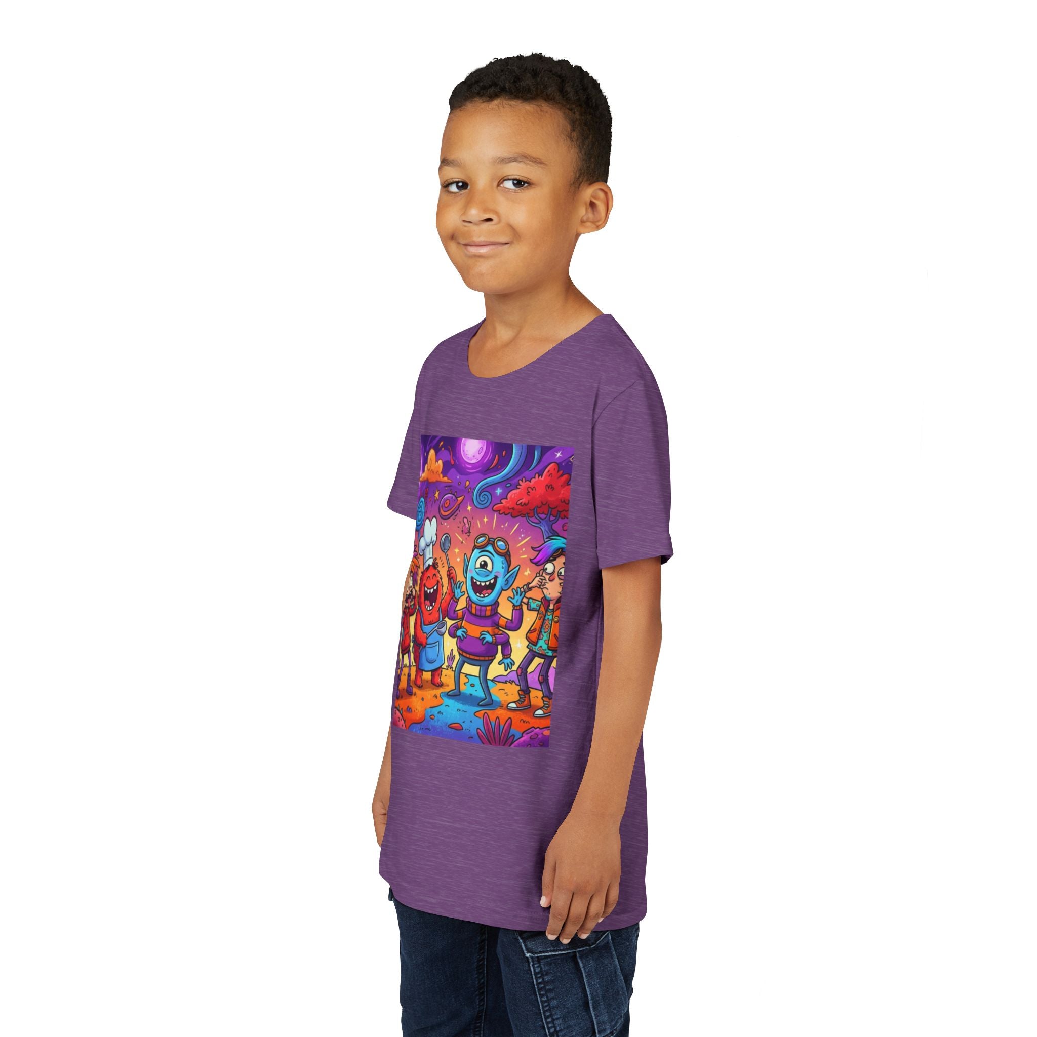 Funny Character Crew Youth Tee — Colorful Crazy Faces Graphic