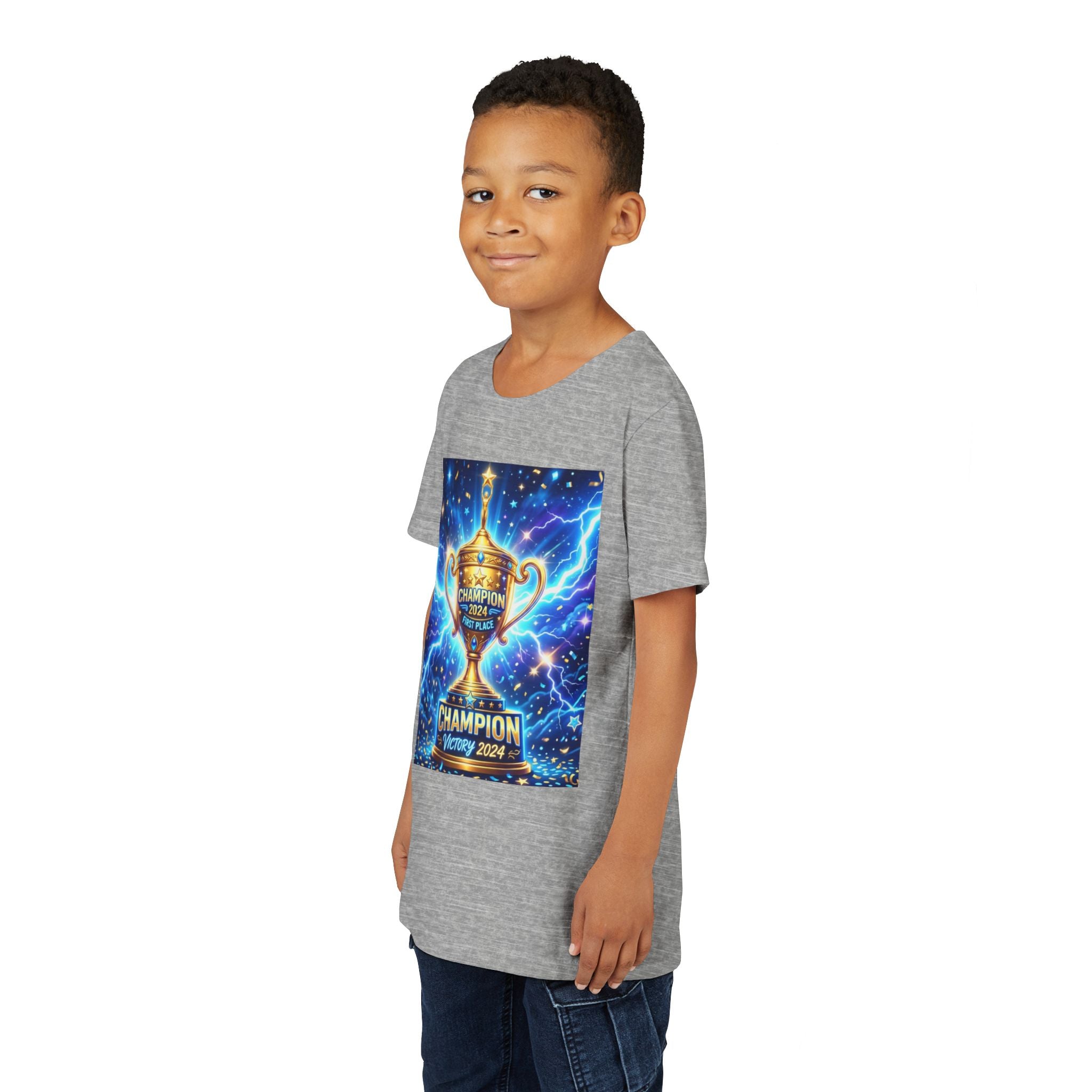 Youth Trophy Lightning Tee — Winning Kids' Short Sleeve Shirt with Stars & Confetti