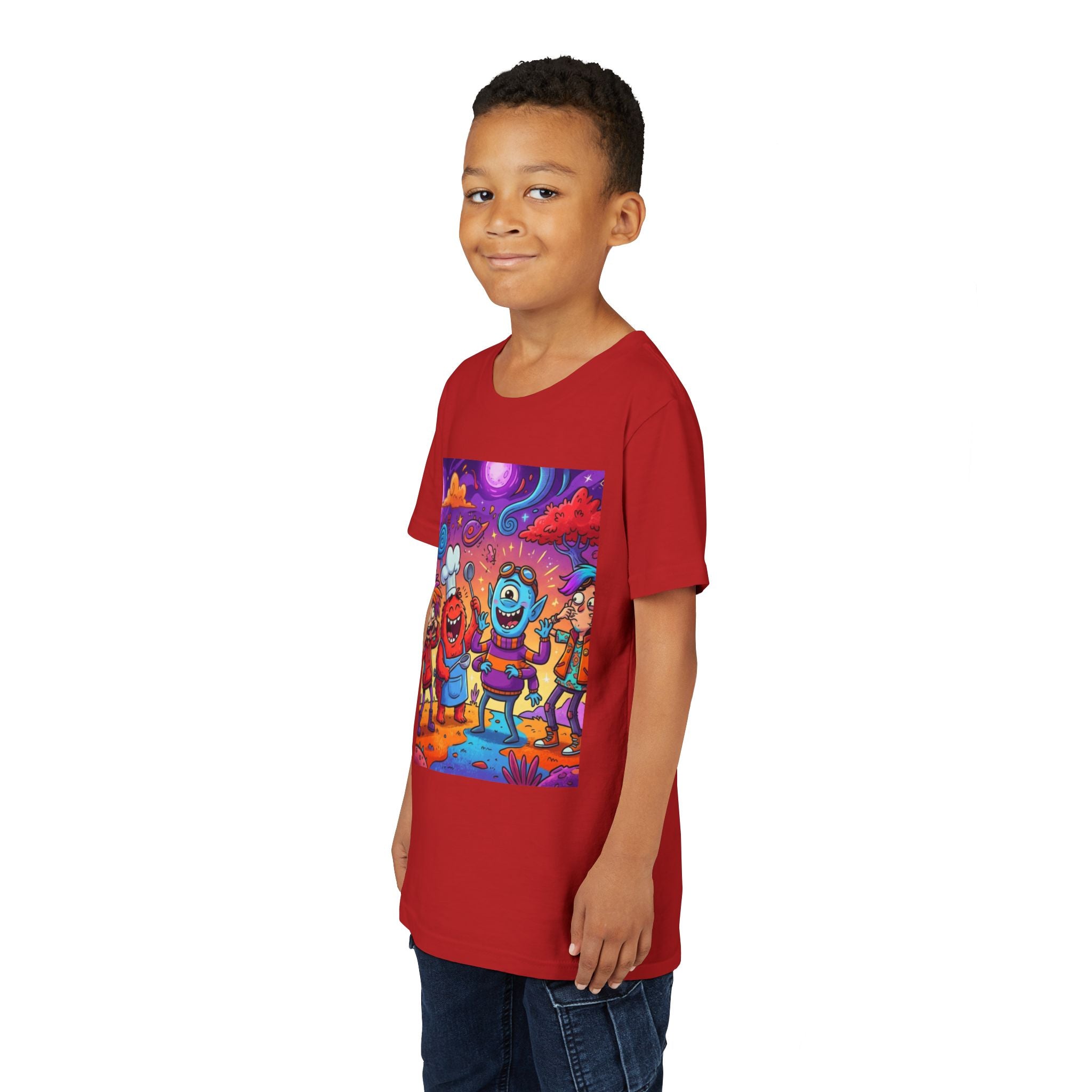 Funny Character Crew Youth Tee — Colorful Crazy Faces Graphic