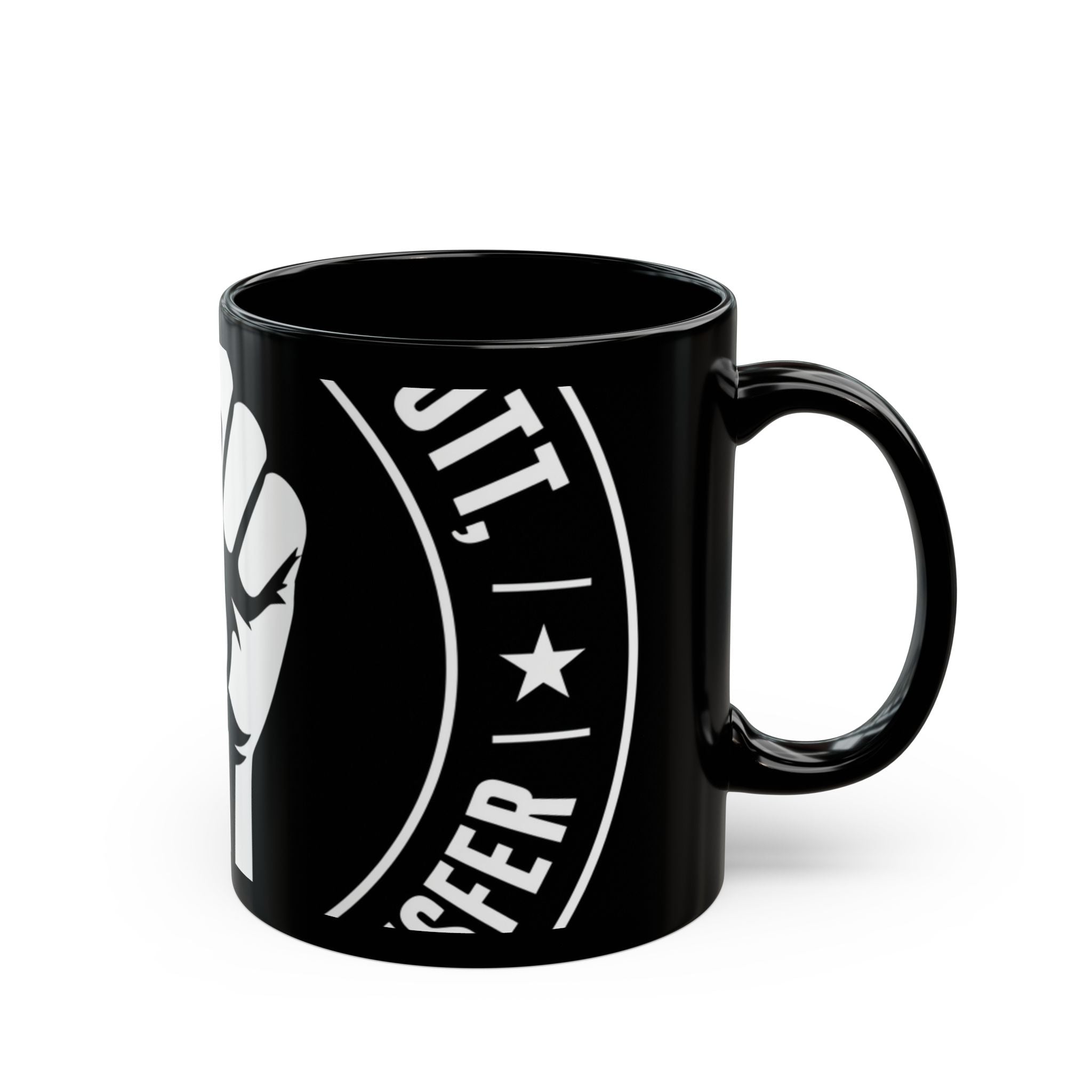 Solidarity Fist Mug — Black Coffee Cup with Raised Fist Design