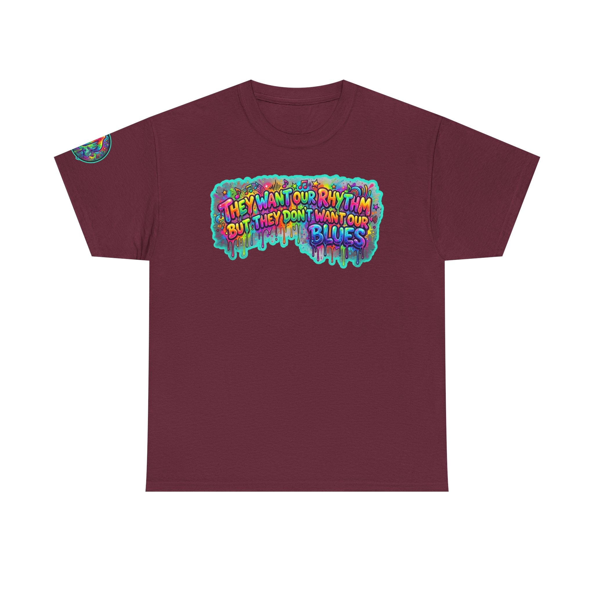 Music Vibes Tee — “They Want Our Rhythm But They Don’t Want Our Blues” Psychedelic Drip Note T-Shirt
