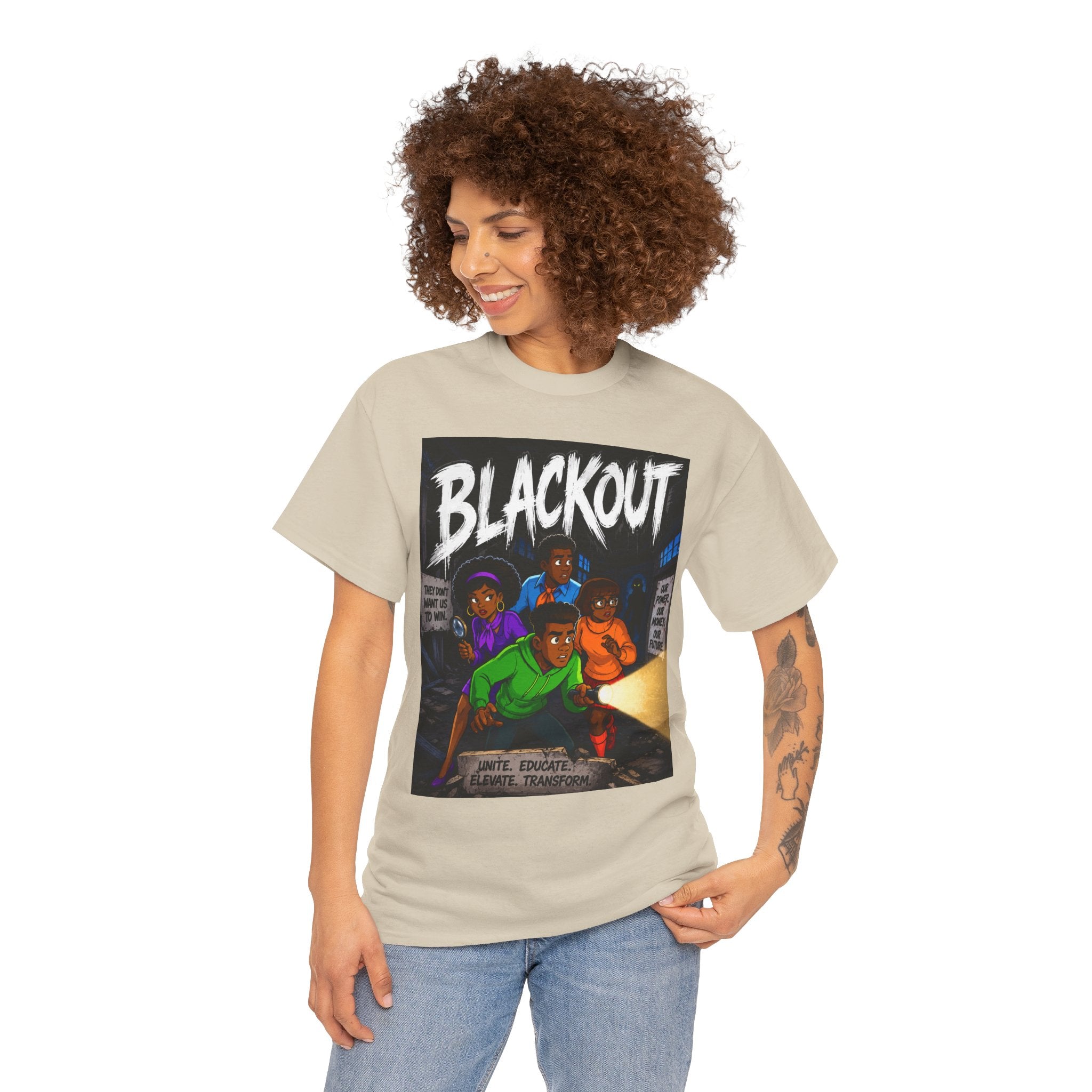 Blackout Graphic Tee — Urban Comic Poster Design with Back Fist Logo