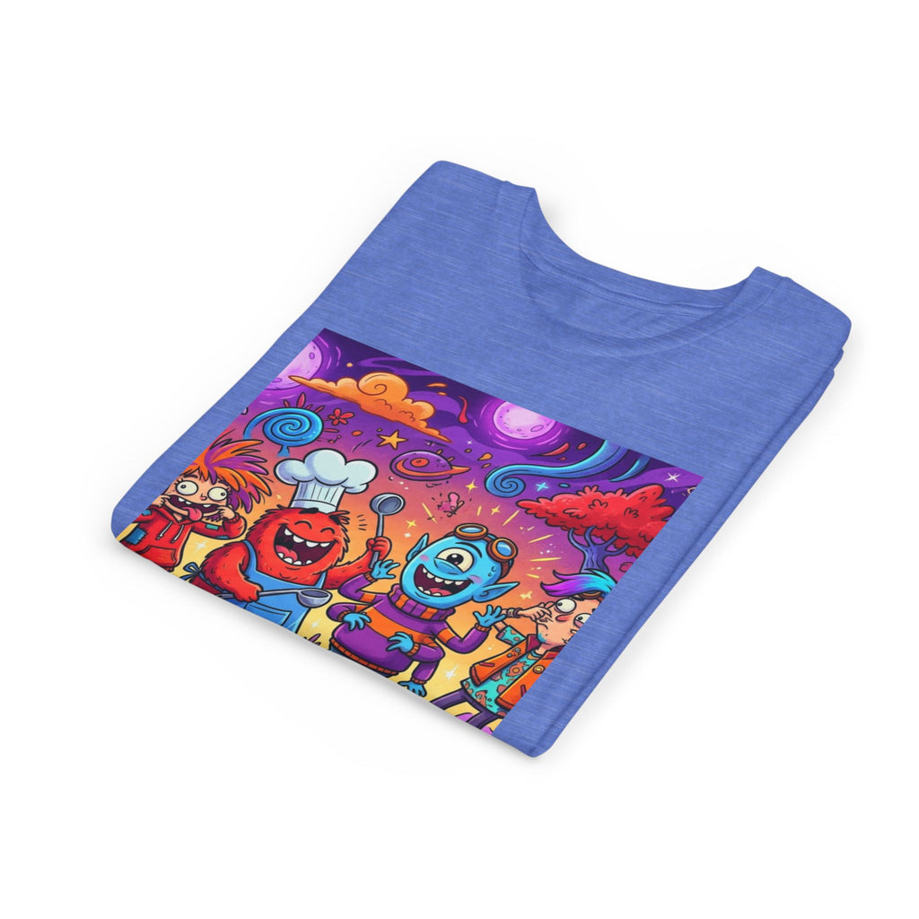 Funny Character Crew Youth Tee — Colorful Crazy Faces Graphic