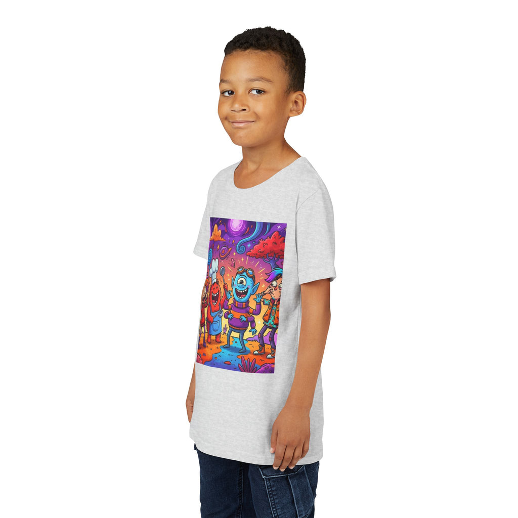 Funny Character Crew Youth Tee — Colorful Crazy Faces Graphic