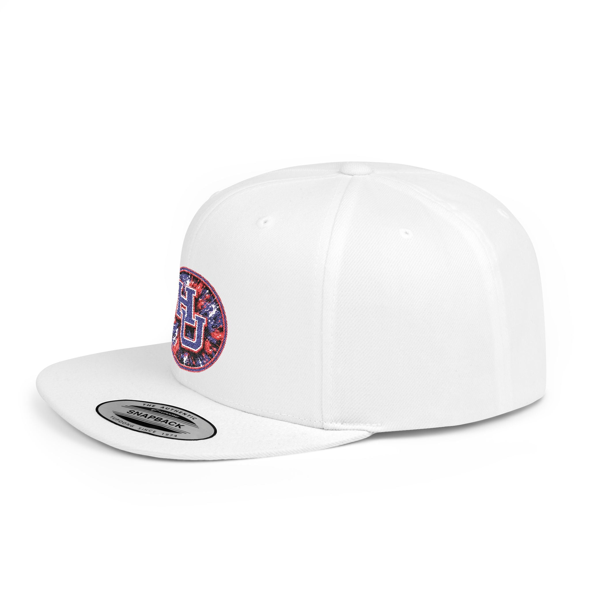 HU Logo Flat Bill Snapback Hat — Red & Blue Sequin Patch Cap