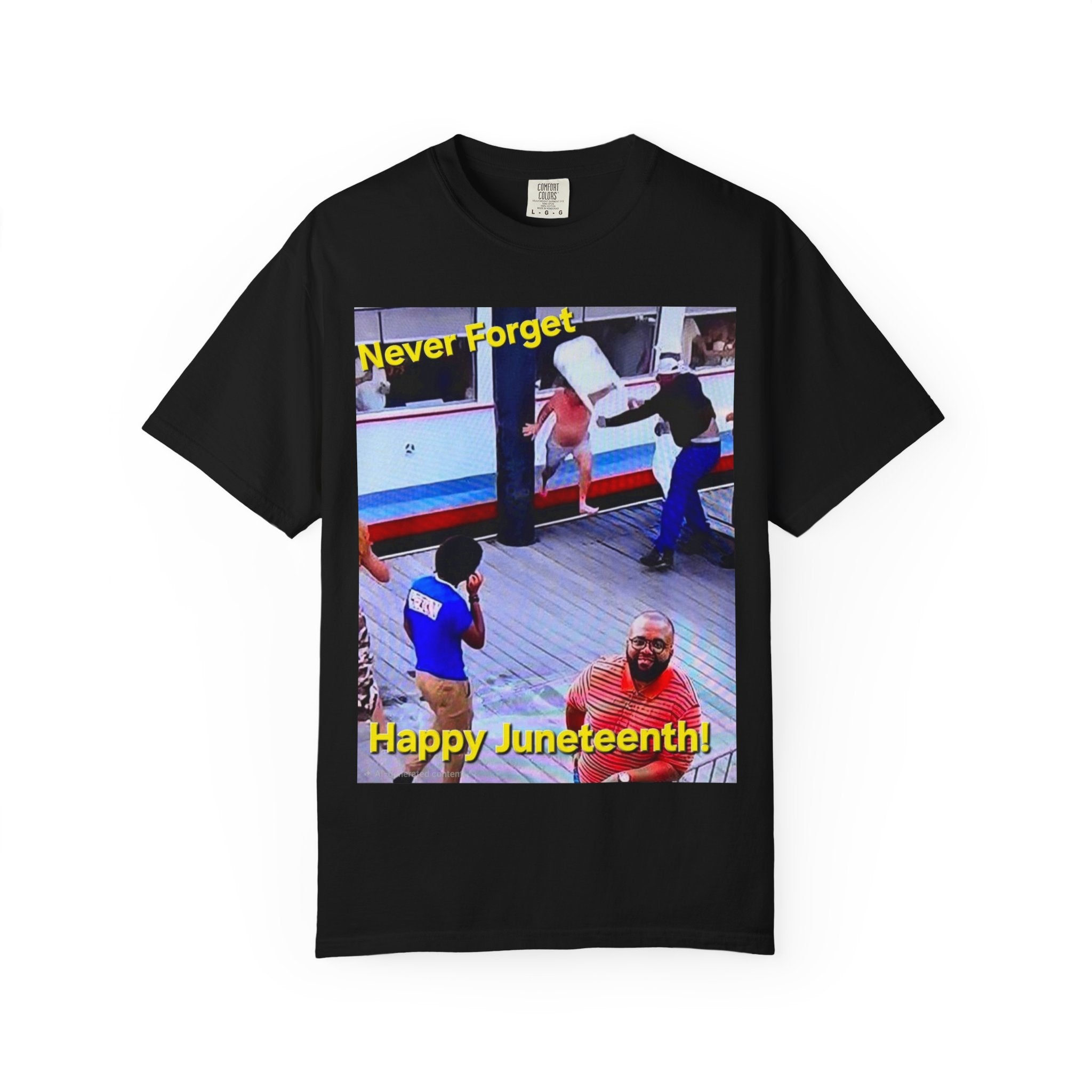 Juneteenth Protest Photo Tee — "Never Forget, Happy Juneteenth" Black T-Shirt