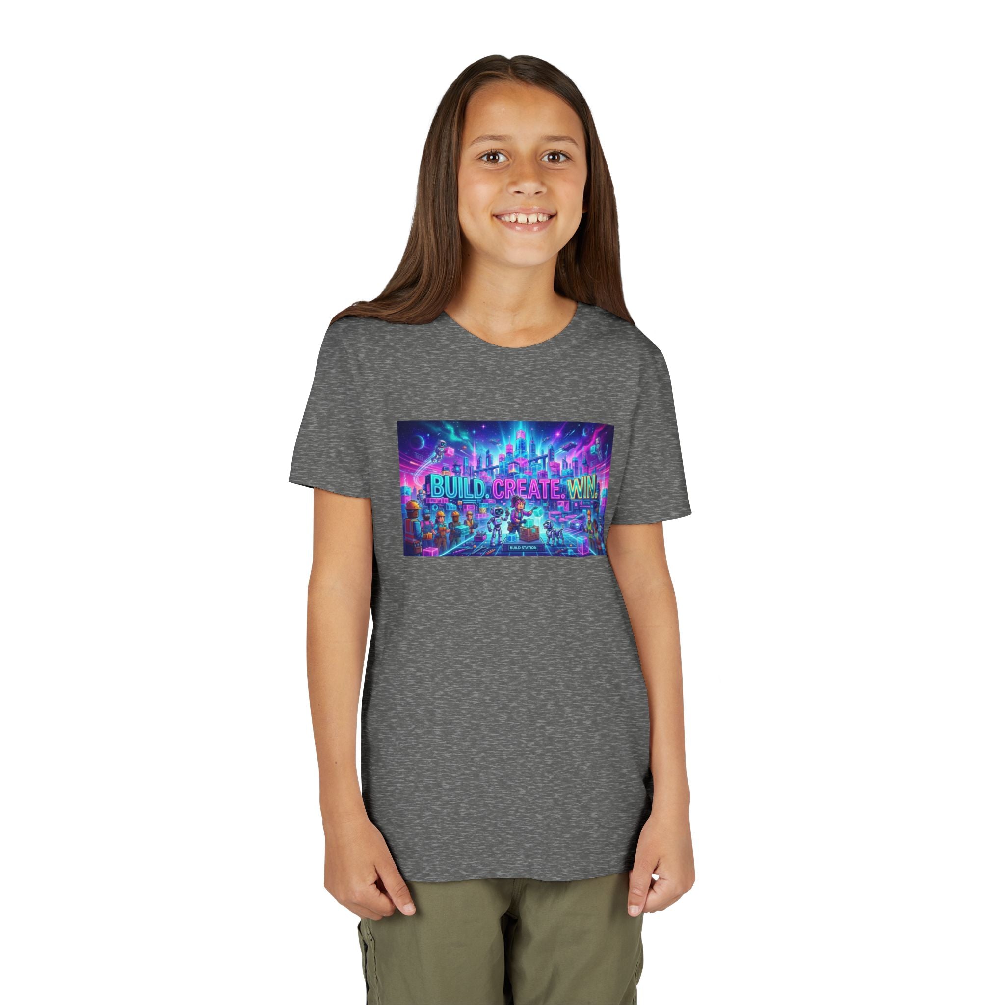 Youth Tee — “BUILD. CREATE. WIN.” Neon Builder City Design