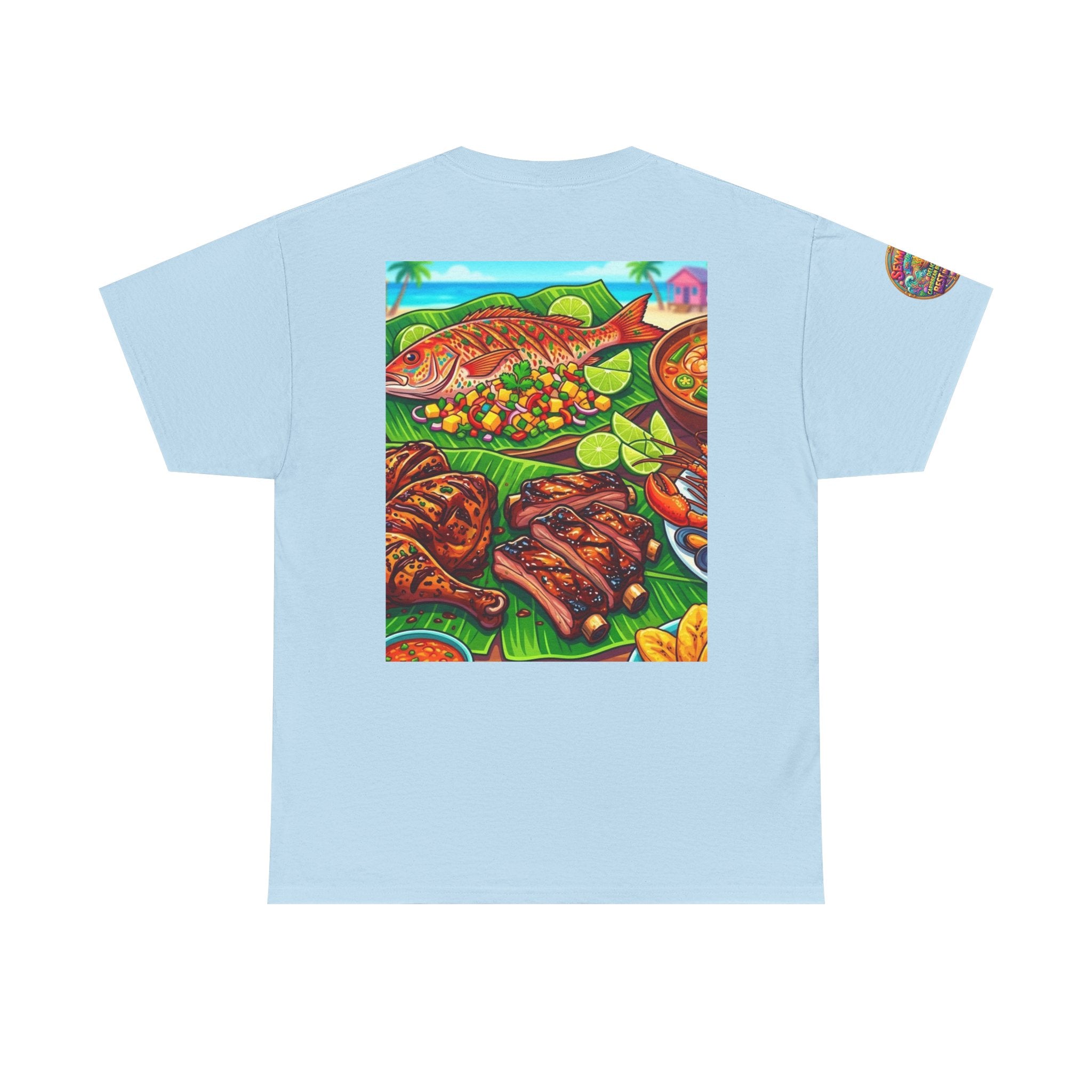 Caribbean BBQ & Seafood Tee — “Seymour’s” Vibrant Island Food Graphic T-Shirt