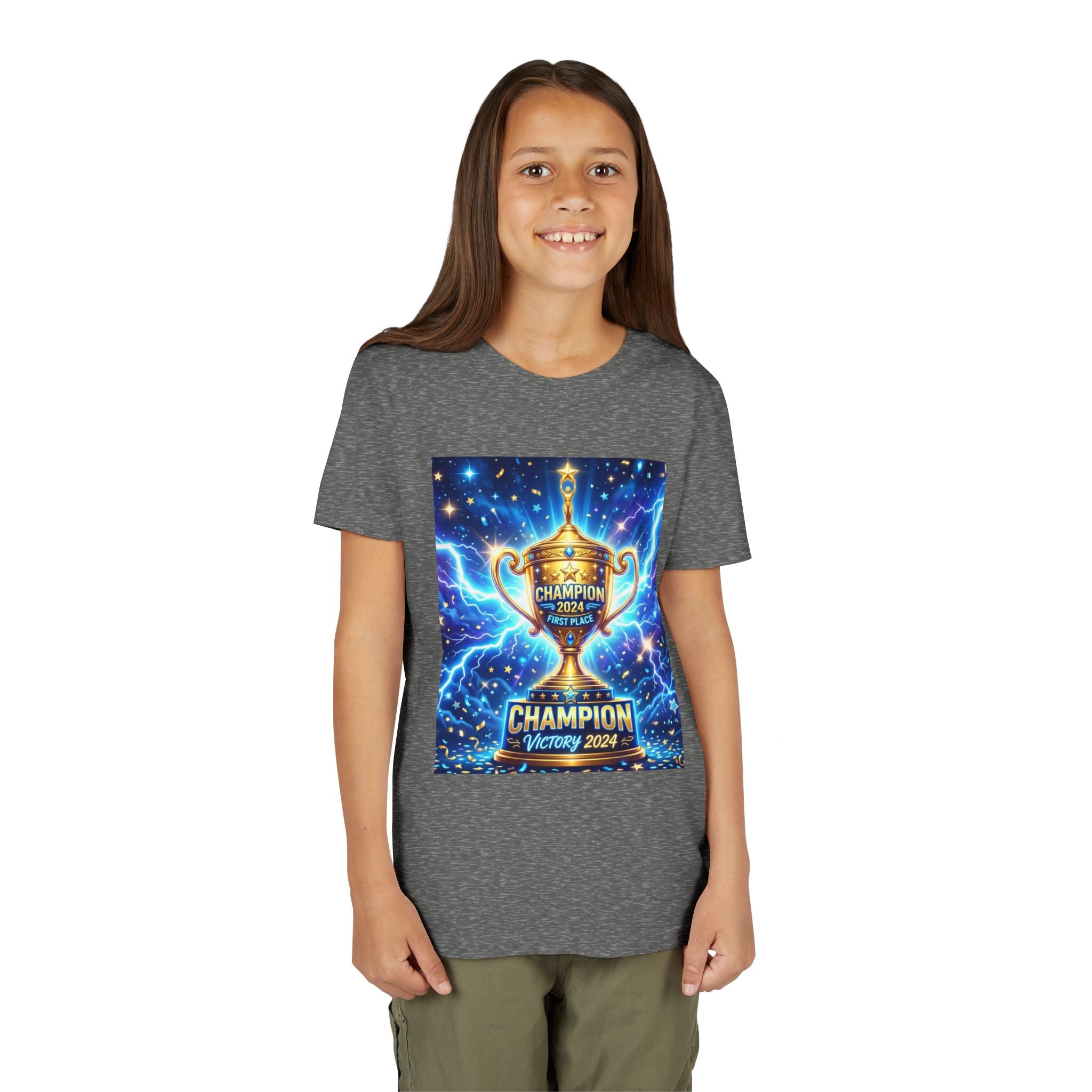 Youth Trophy Lightning Tee — Winning Kids' Short Sleeve Shirt with Stars & Confetti