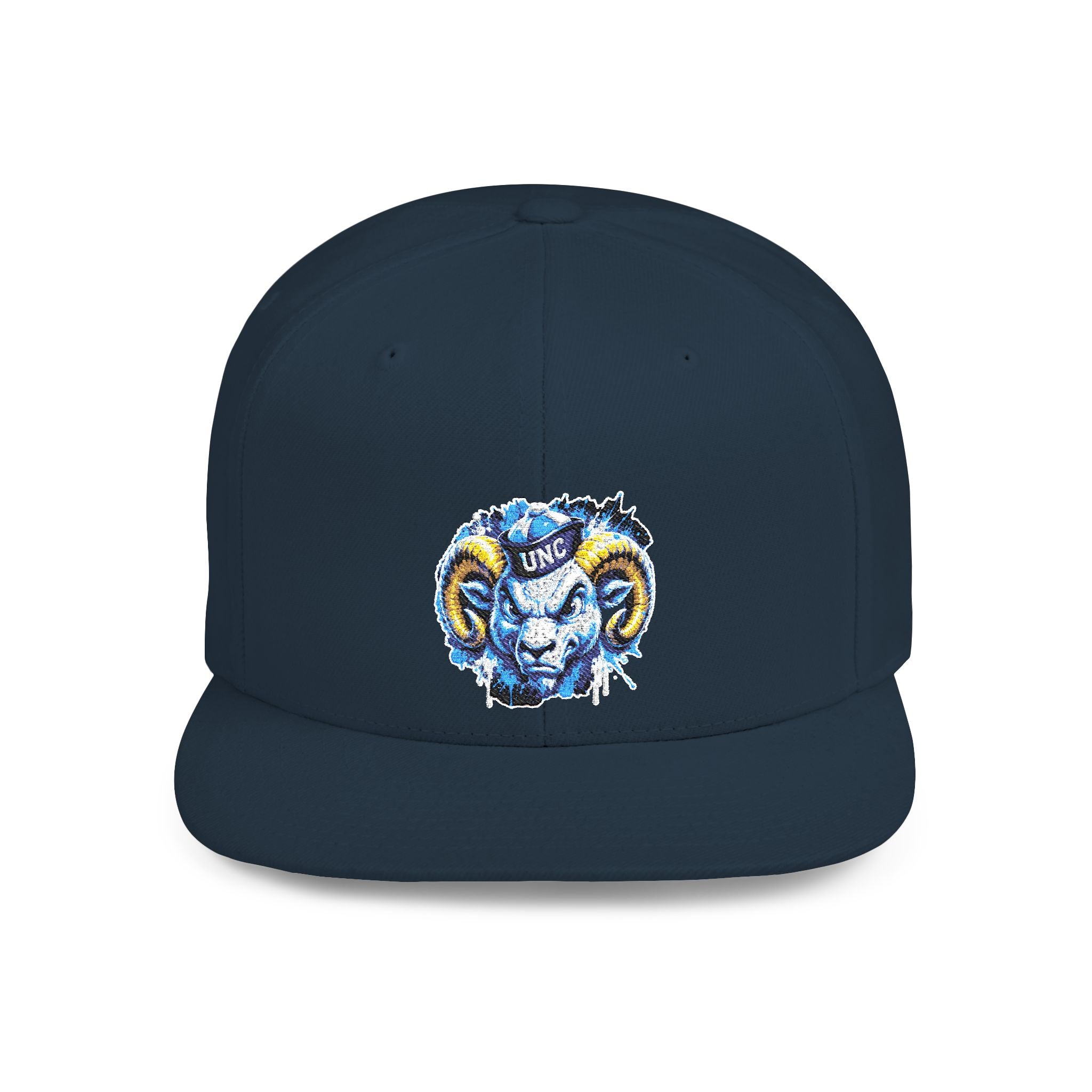 Ram Head Snapback Hat — Blue & Gold Embroidered Flat-Bill Cap