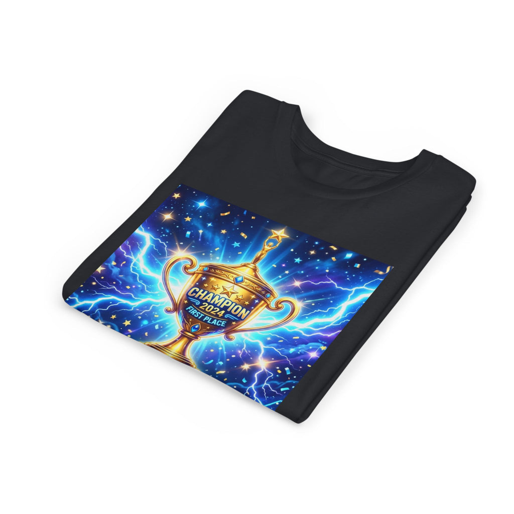 Youth Trophy Lightning Tee — Winning Kids' Short Sleeve Shirt with Stars & Confetti