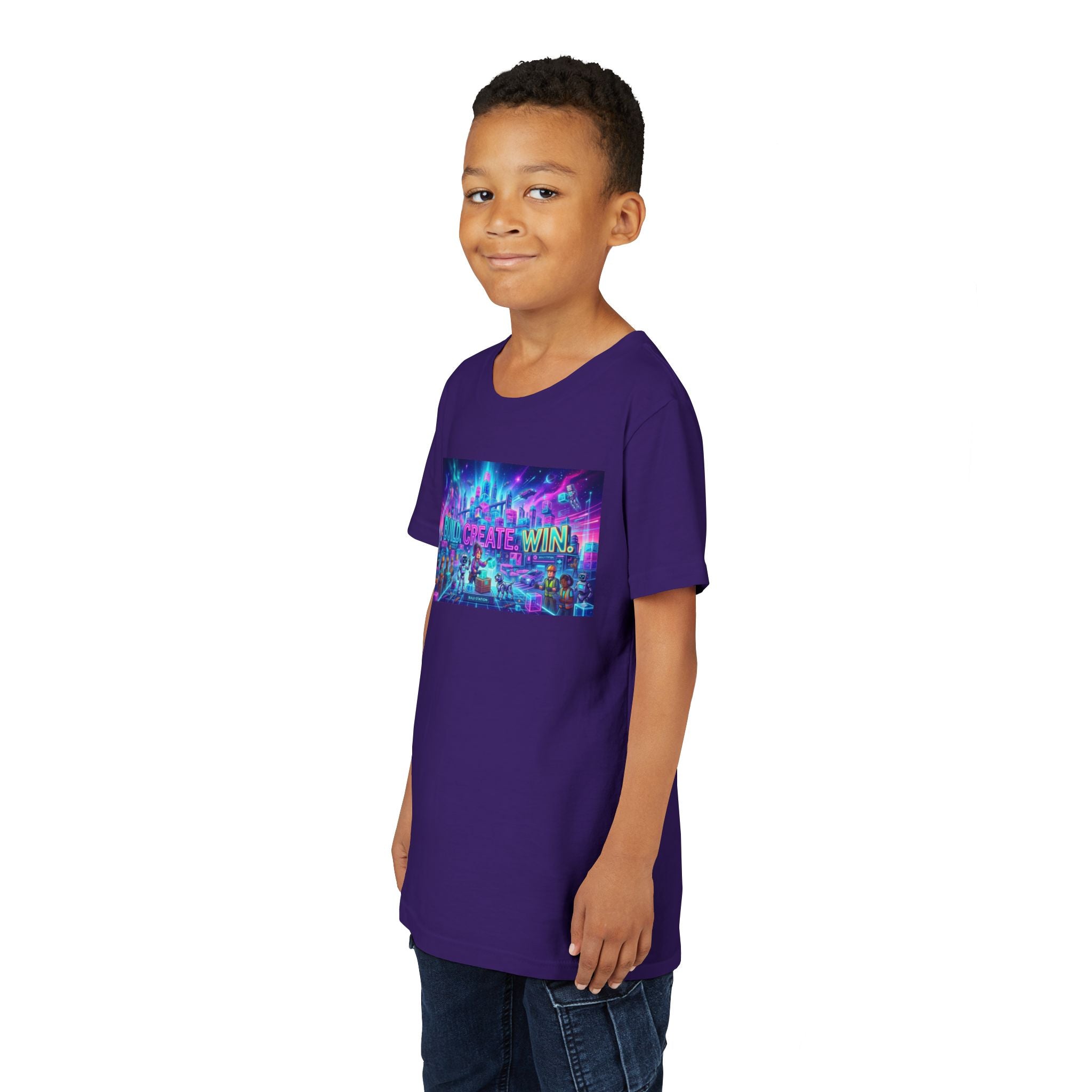 Youth Tee — “BUILD. CREATE. WIN.” Neon Builder City Design