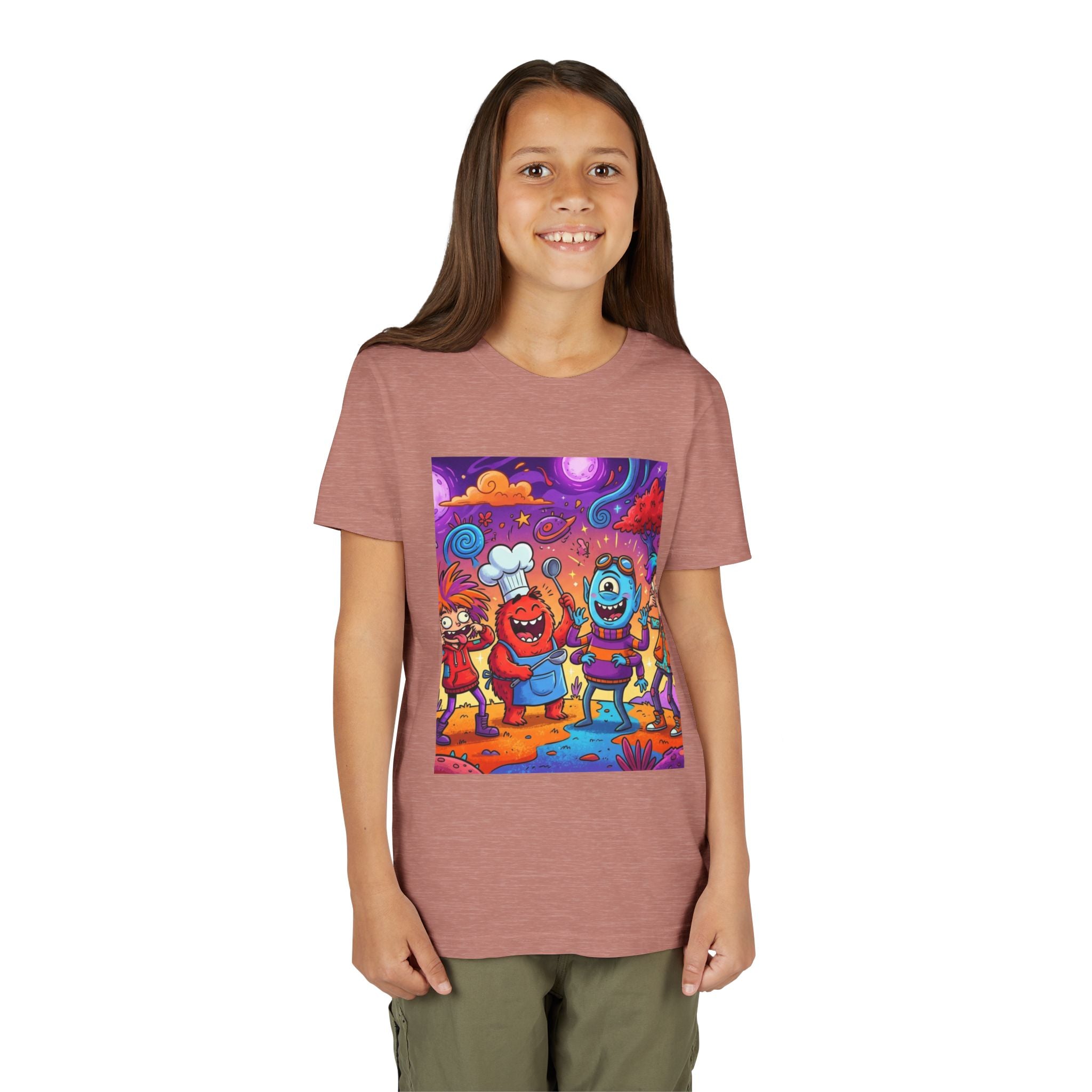 Funny Character Crew Youth Tee — Colorful Crazy Faces Graphic