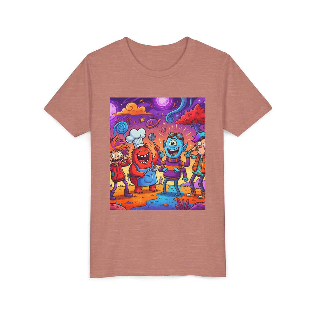 Funny Character Crew Youth Tee — Colorful Crazy Faces Graphic