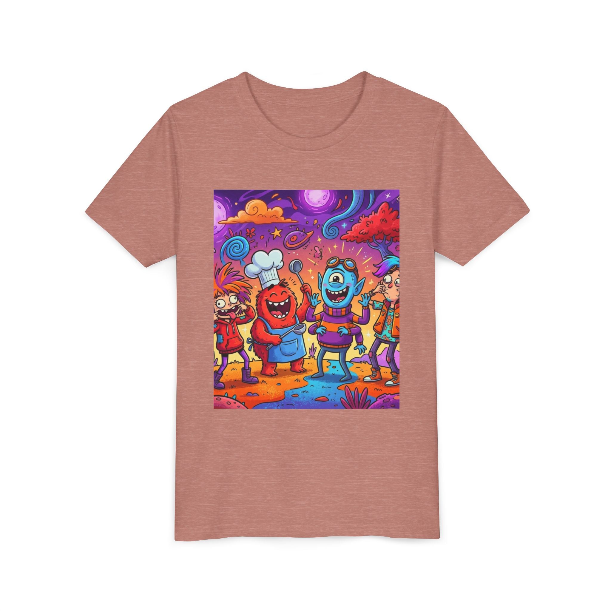 Funny Character Crew Youth Tee — Colorful Crazy Faces Graphic
