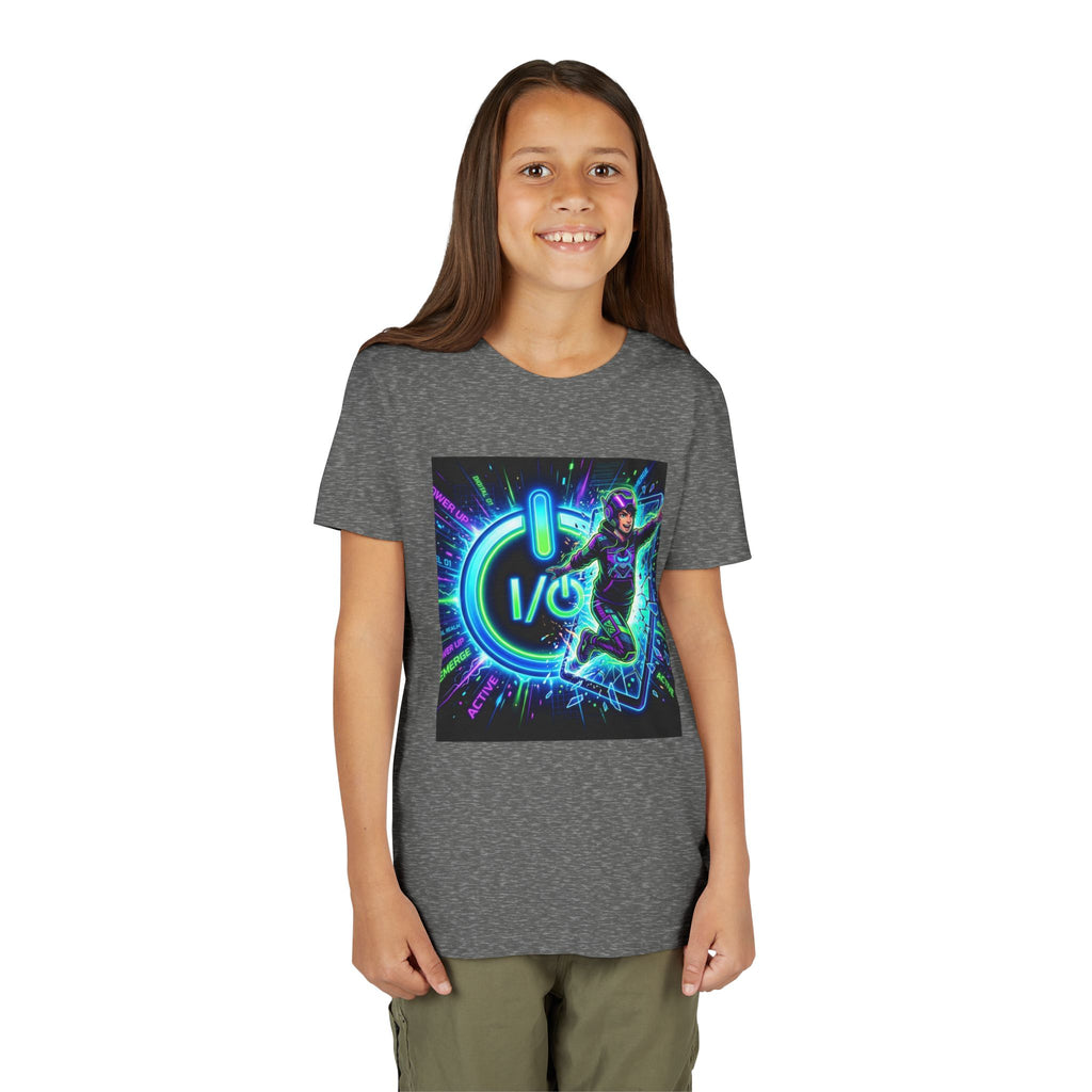Neon Power Button Tee — Gamer Screen Escape Youth T-Shirt