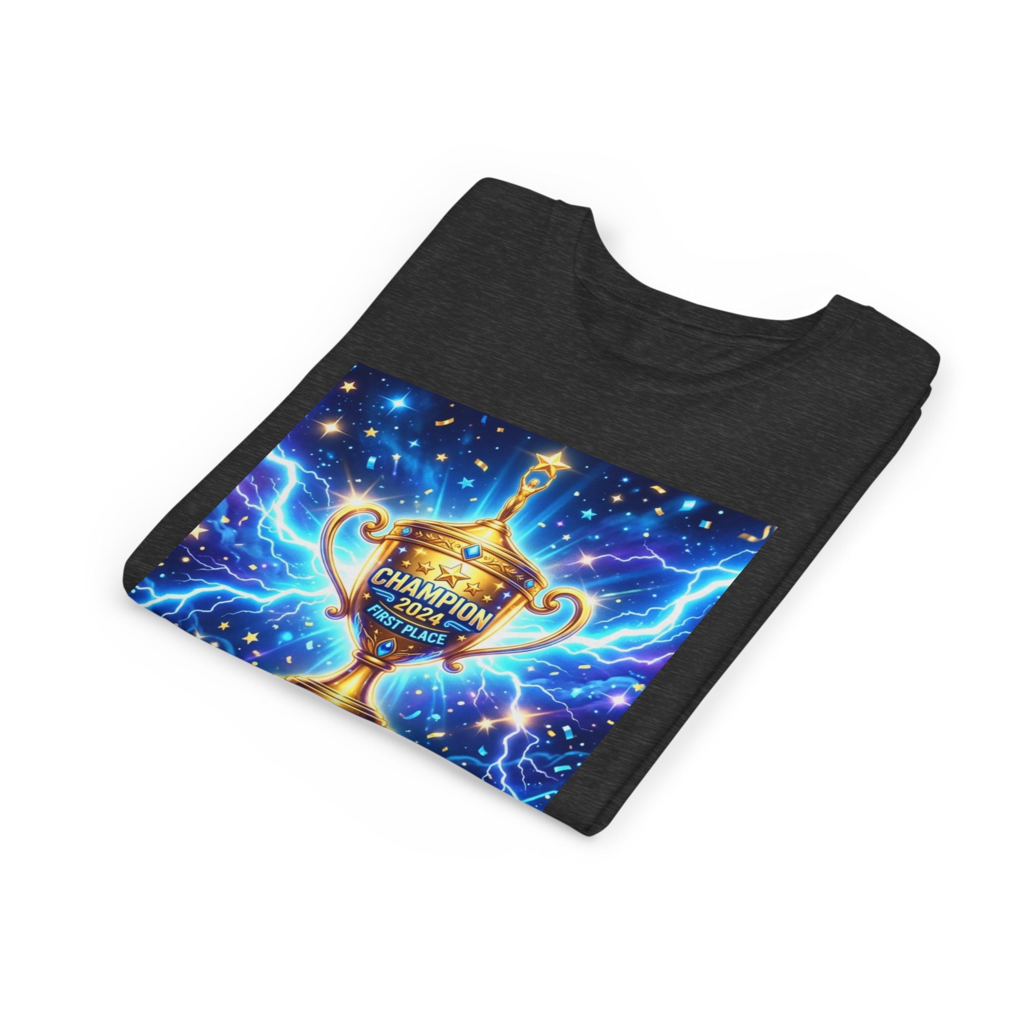 Youth Trophy Lightning Tee — Winning Kids' Short Sleeve Shirt with Stars & Confetti