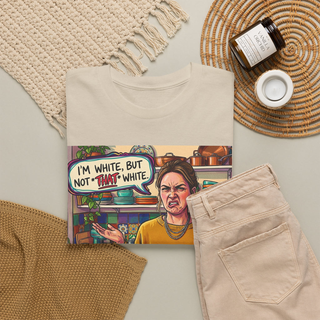 Graphic Tee — "I'm White, But Not THAT White" Illustration with Back Raised Fist Logo