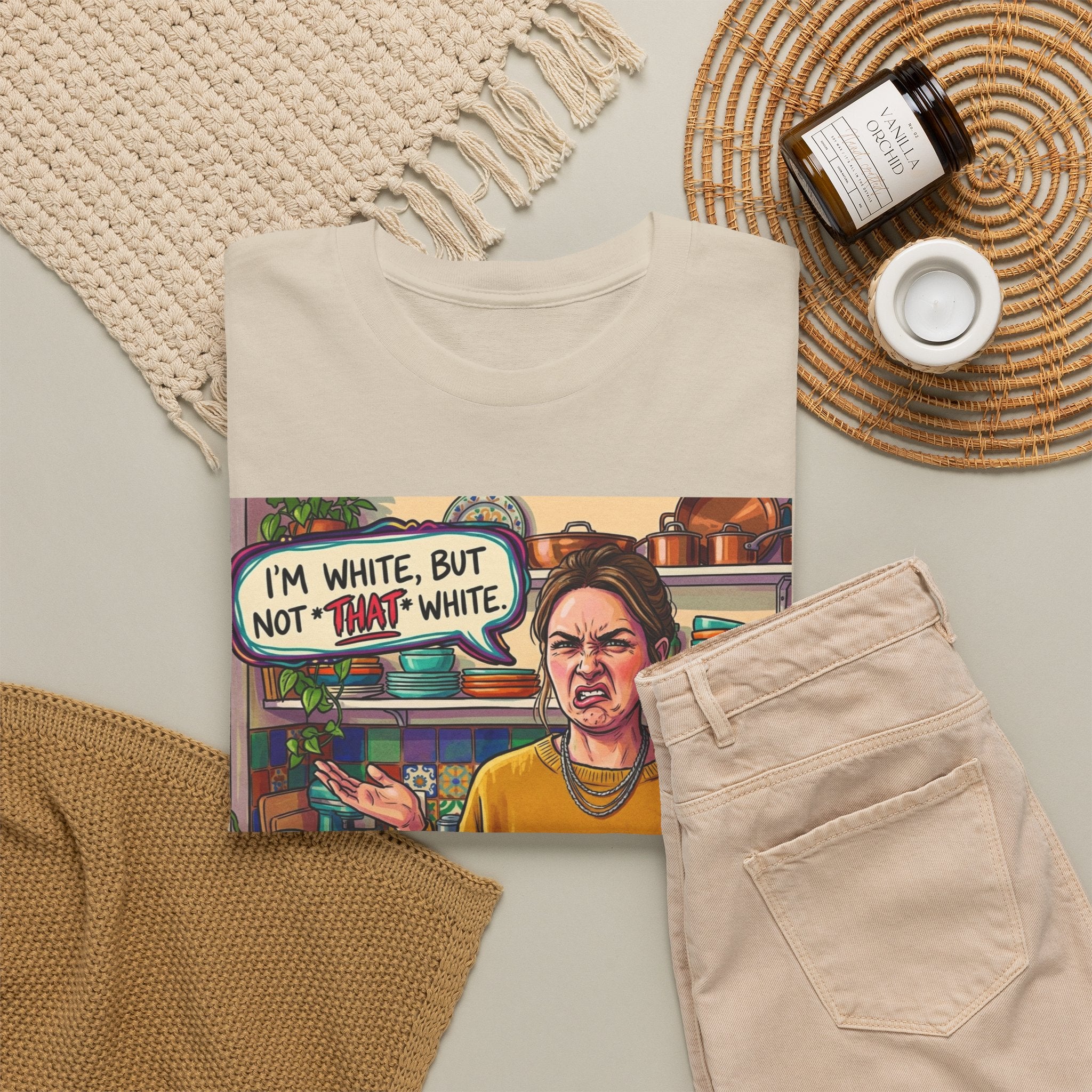 Graphic Tee — "I'm White, But Not THAT White" Illustration with Back Raised Fist Logo