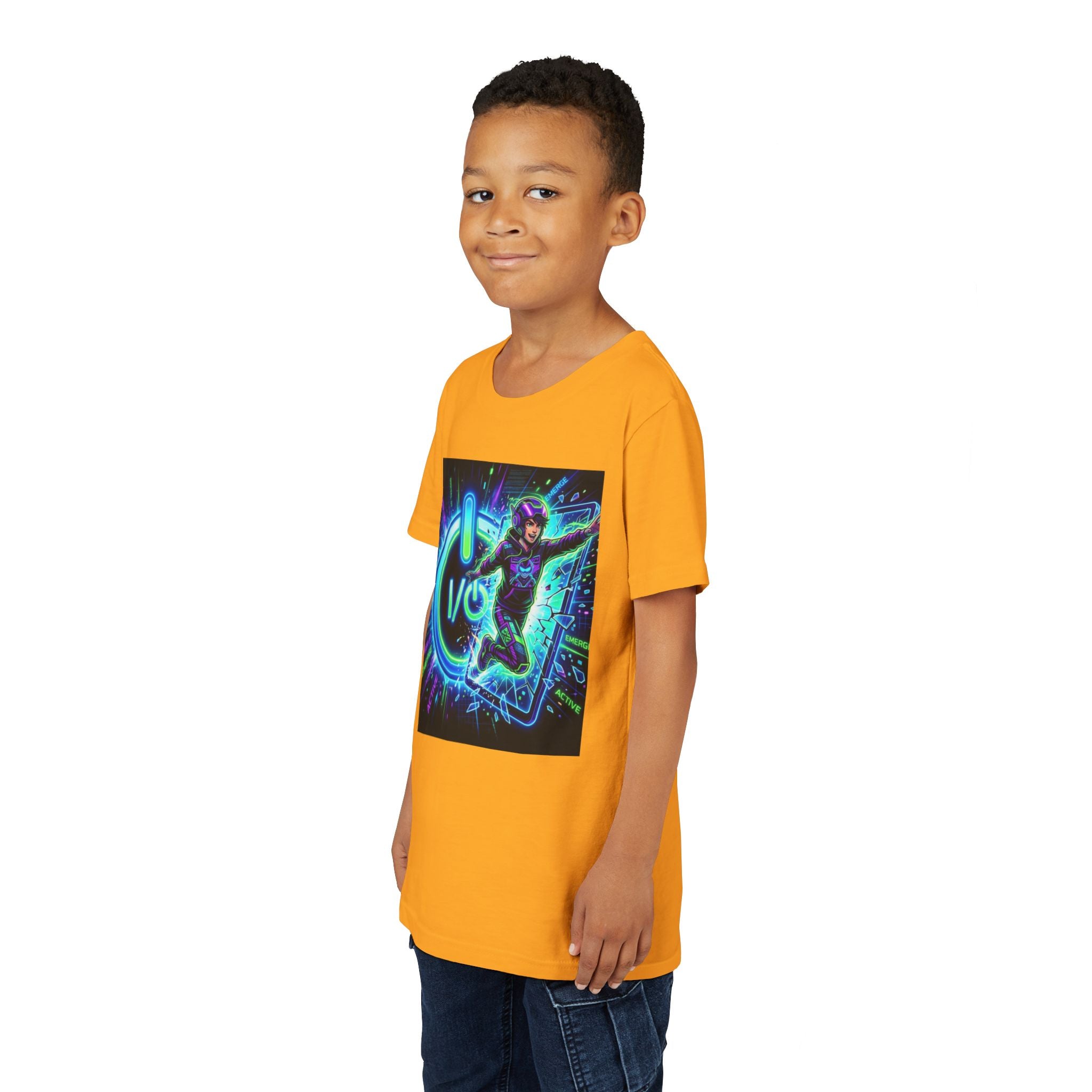 Neon Power Button Tee — Gamer Screen Escape Youth T-Shirt