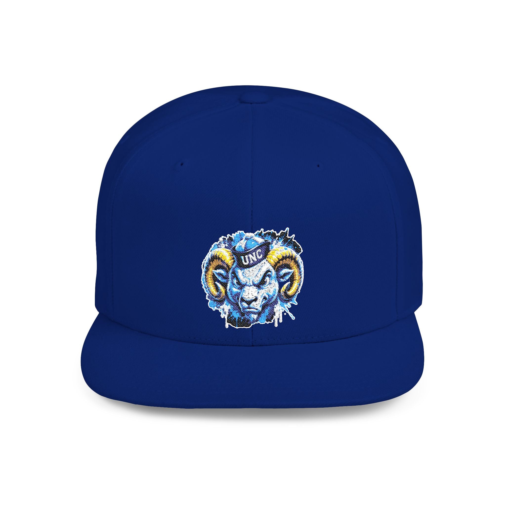 Ram Head Snapback Hat — Blue & Gold Embroidered Flat-Bill Cap