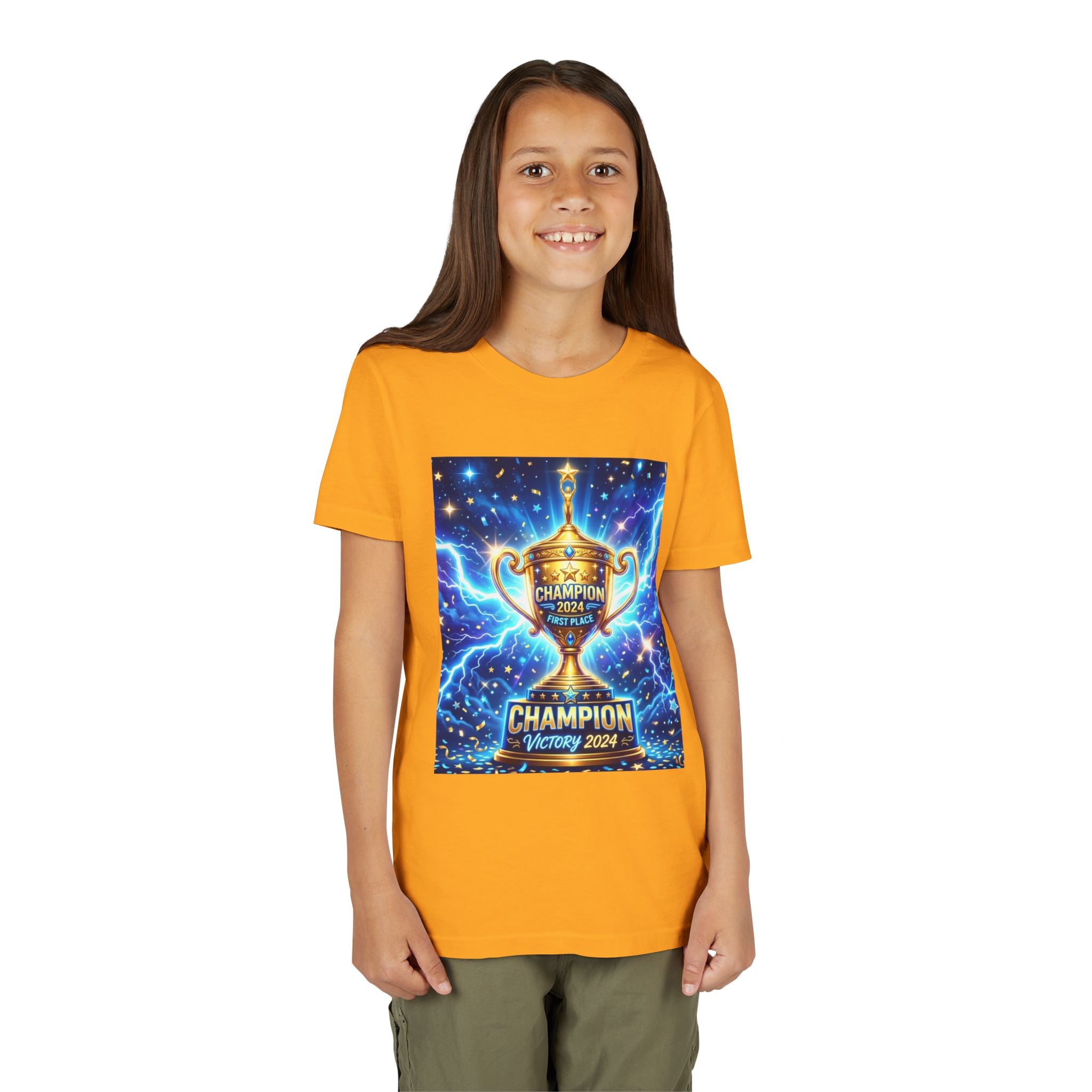 Youth Trophy Lightning Tee — Winning Kids' Short Sleeve Shirt with Stars & Confetti