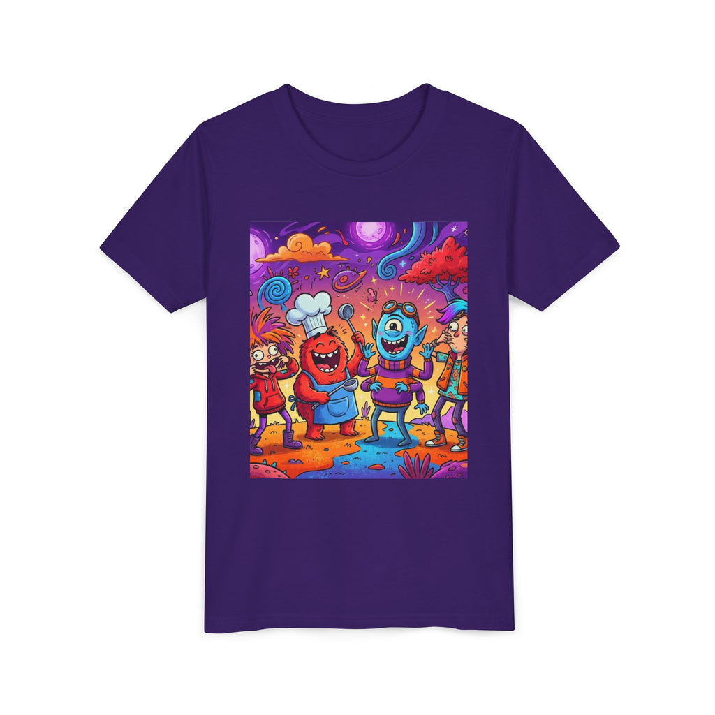 Funny Character Crew Youth Tee — Colorful Crazy Faces Graphic