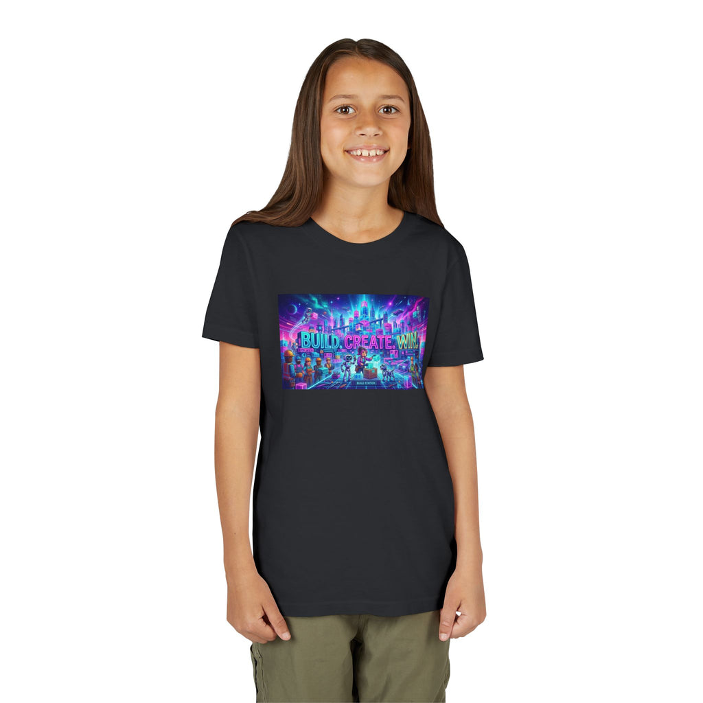 Youth Tee — “BUILD. CREATE. WIN.” Neon Builder City Design