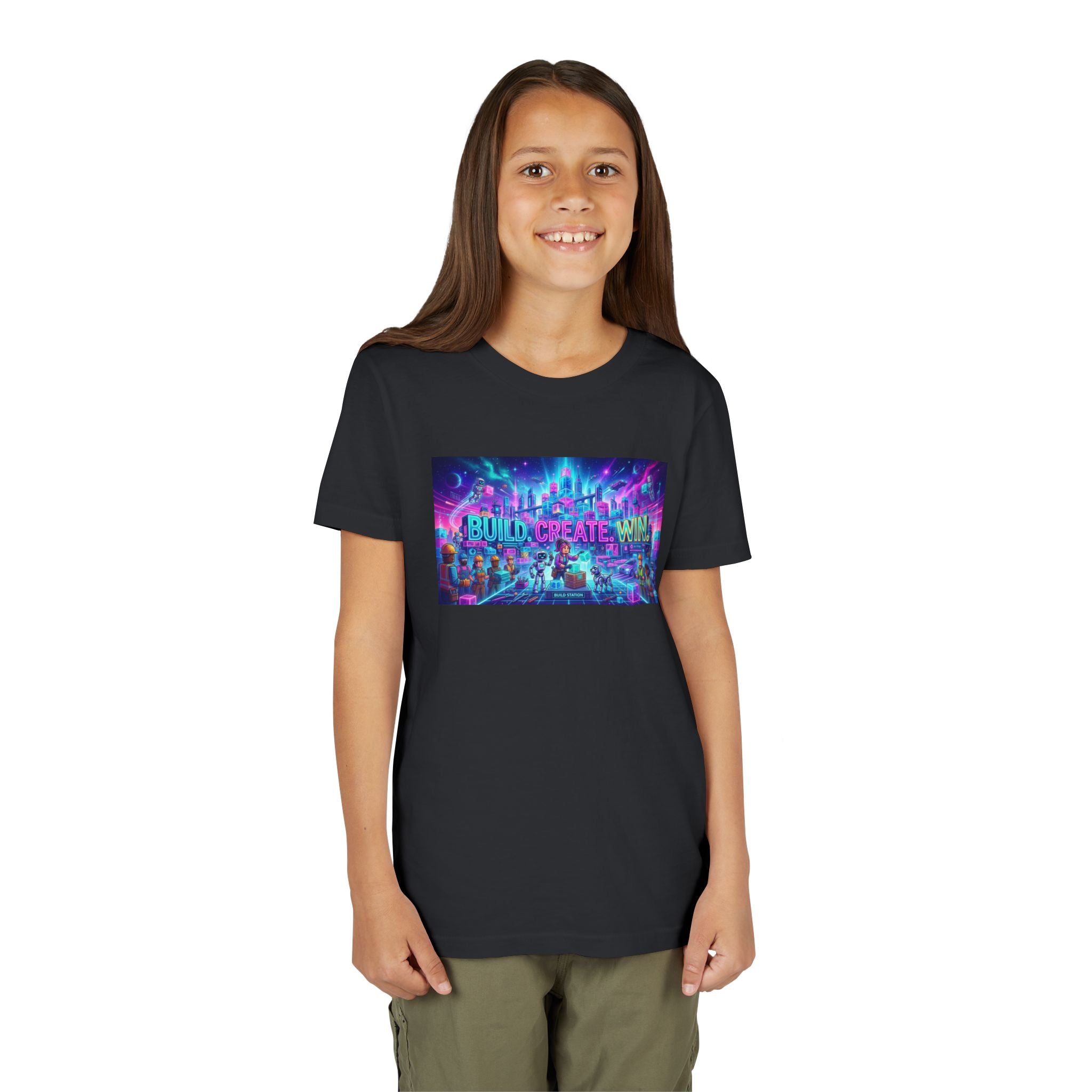 Youth Tee — “BUILD. CREATE. WIN.” Neon Builder City Design