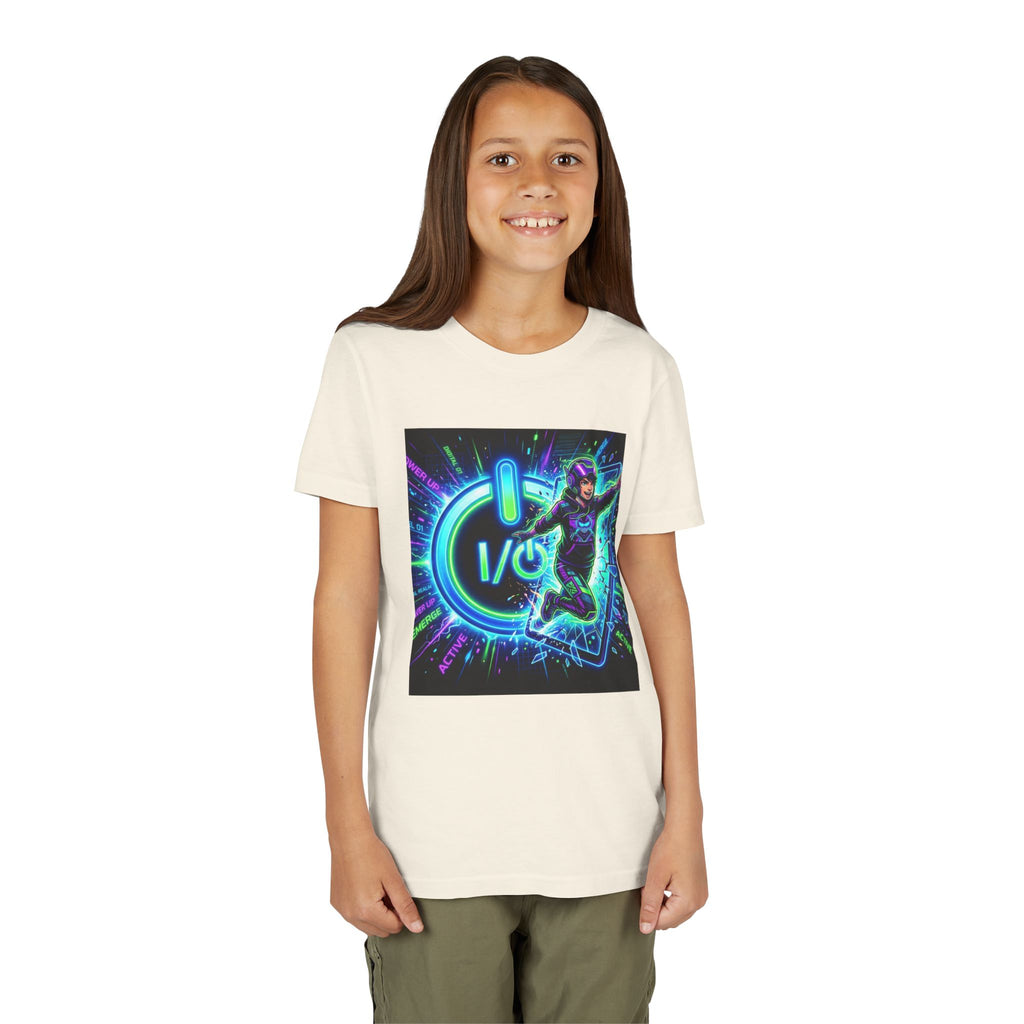 Neon Power Button Tee — Gamer Screen Escape Youth T-Shirt