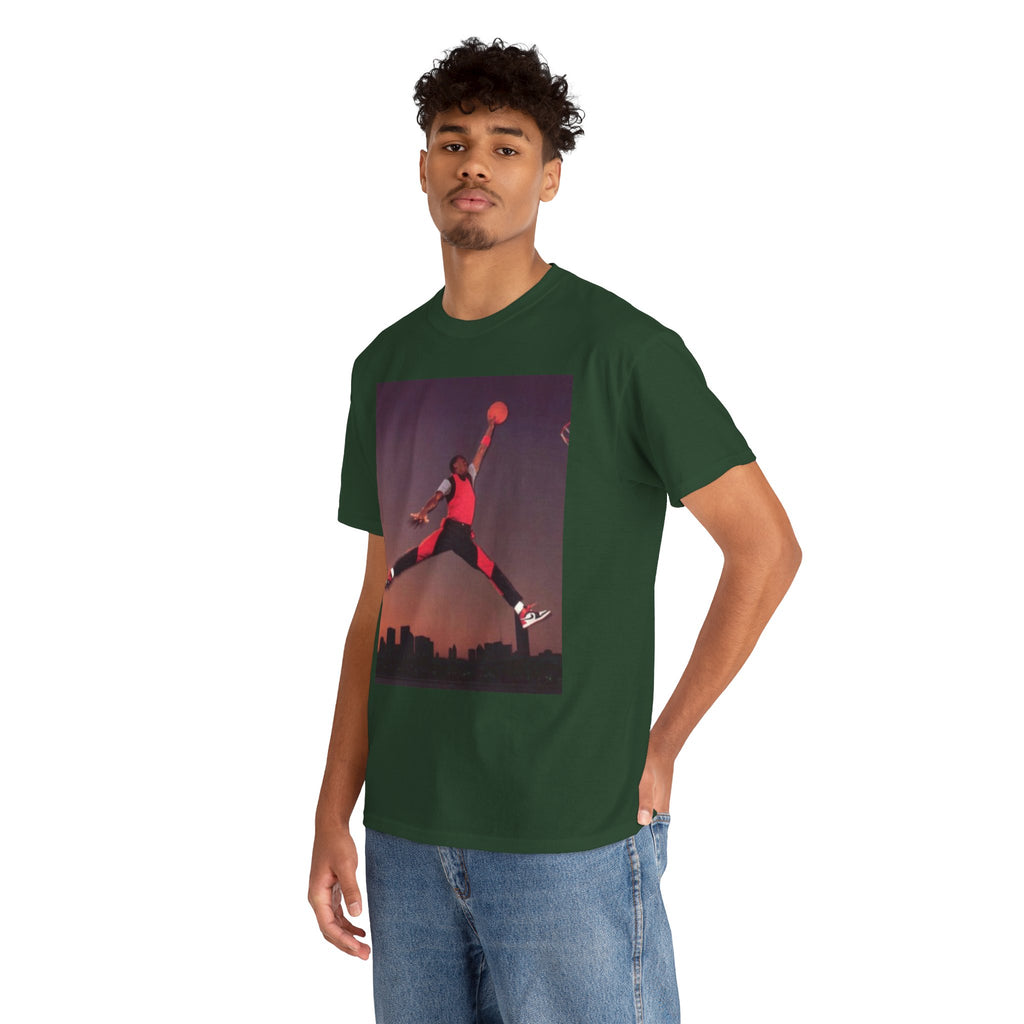Basketball Jumpman Tee — Retro Skyline Graphic T-Shirt with Red Fist Back Emblem