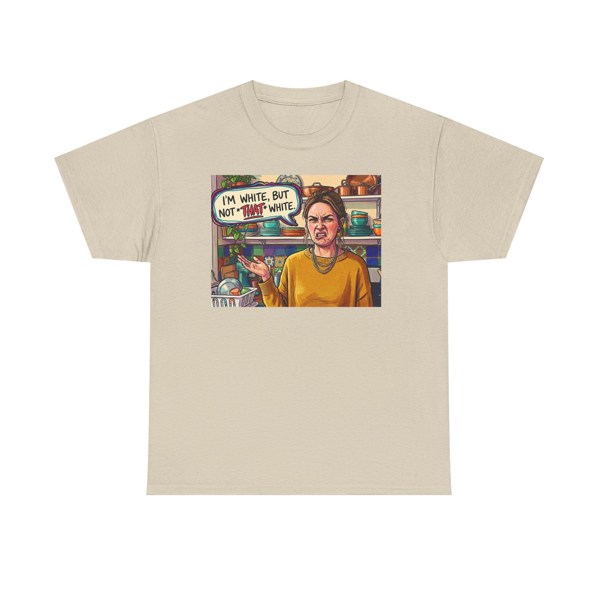 Graphic Tee — "I'm White, But Not THAT White" Illustration with Back Raised Fist Logo