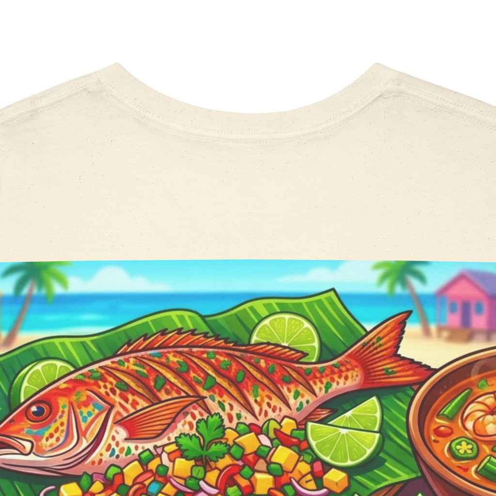 Caribbean BBQ & Seafood Tee — “Seymour’s” Vibrant Island Food Graphic T-Shirt