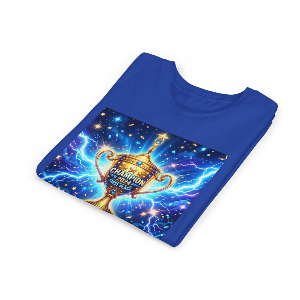 Youth Trophy Lightning Tee — Winning Kids' Short Sleeve Shirt with Stars & Confetti