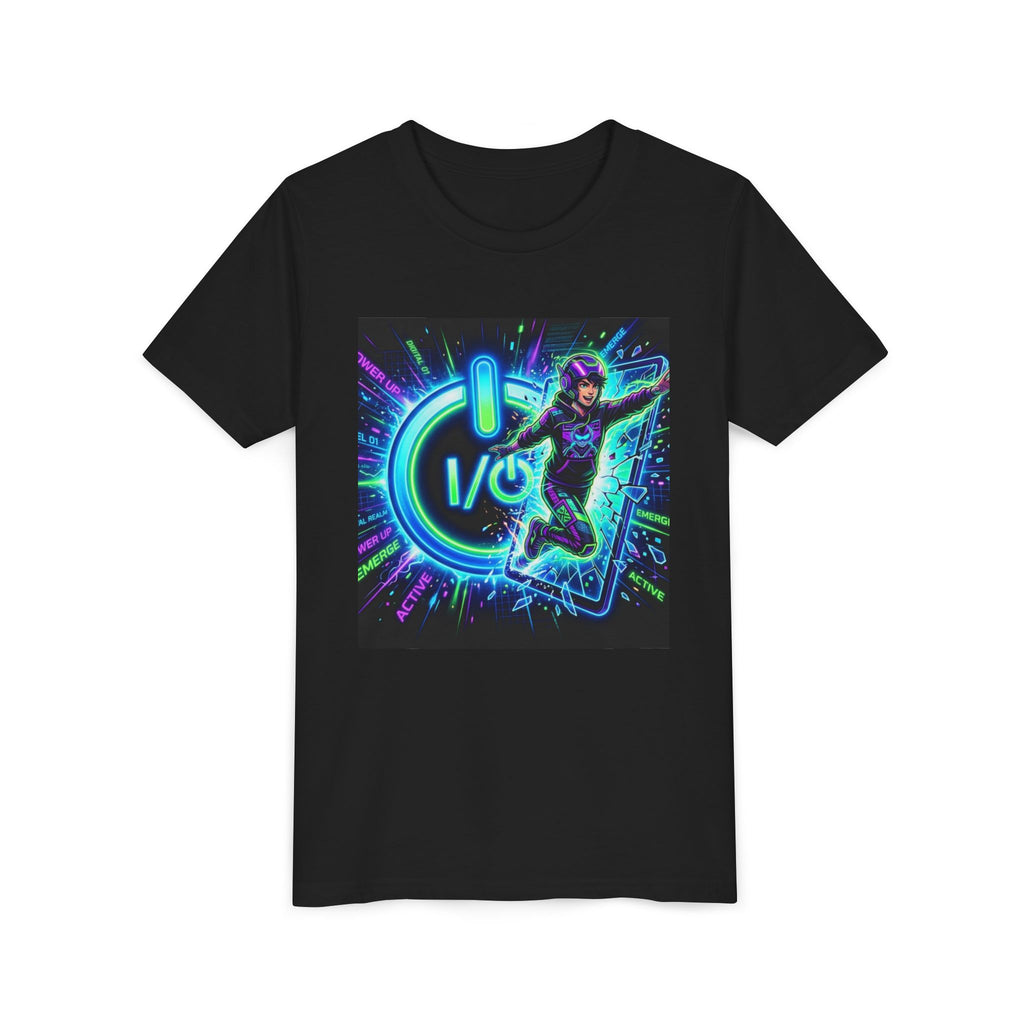 Neon Power Button Tee — Gamer Screen Escape Youth T-Shirt