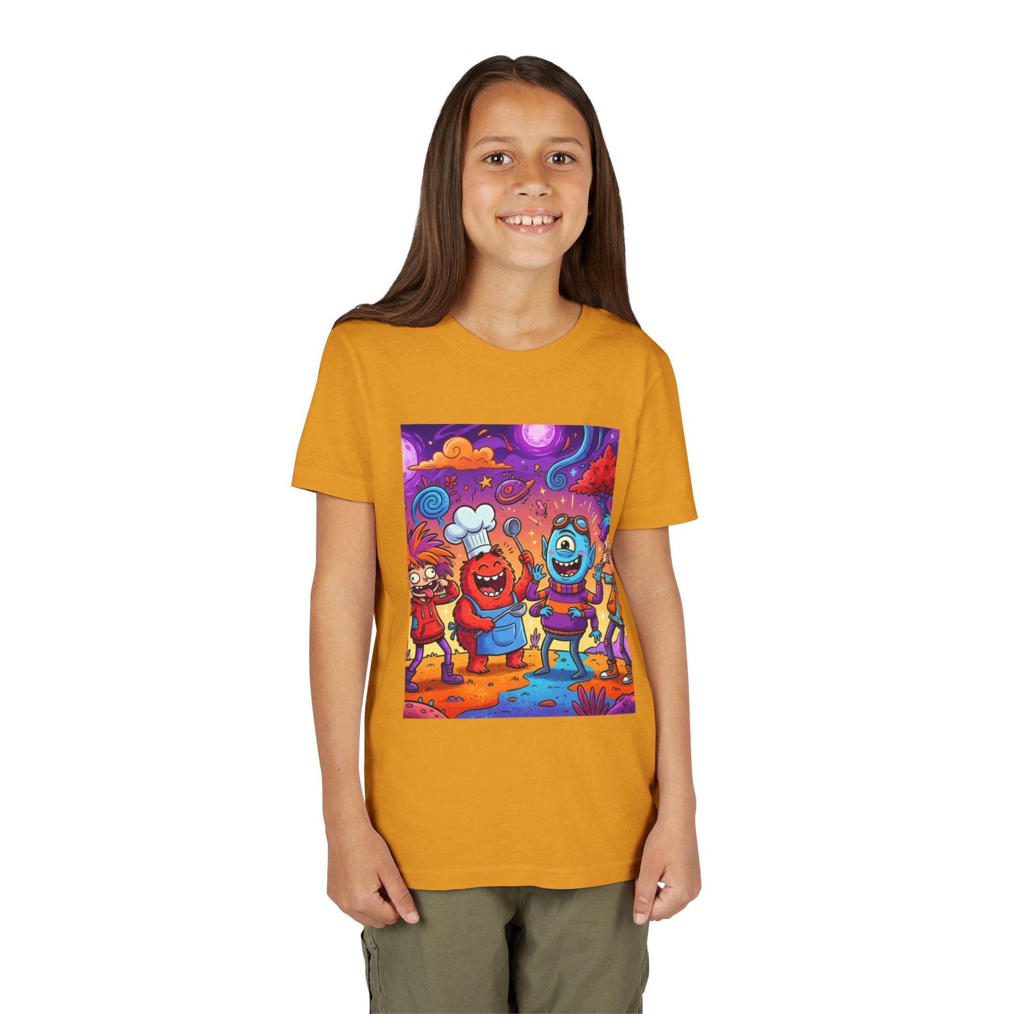 Funny Character Crew Youth Tee — Colorful Crazy Faces Graphic