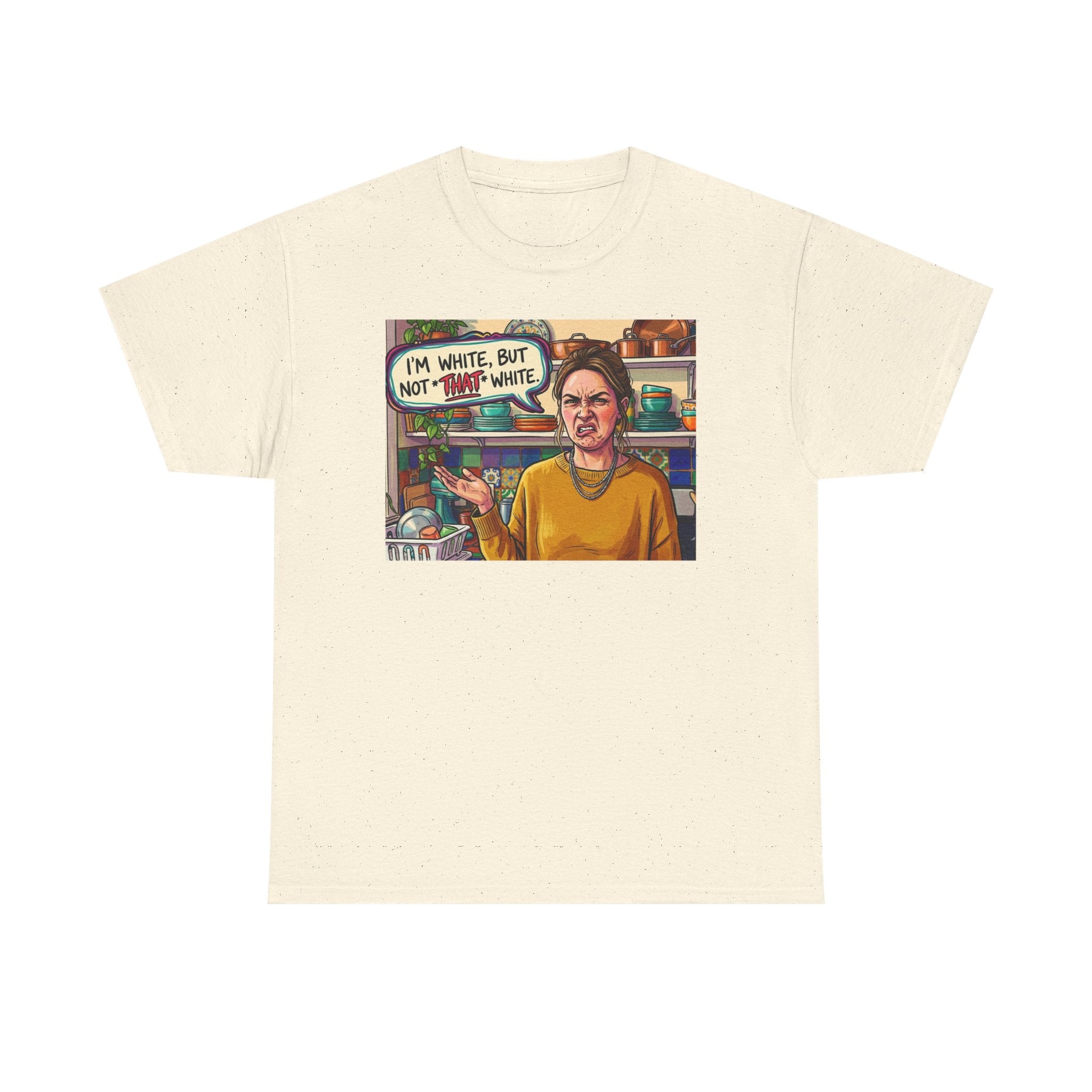 Graphic Tee — "I'm White, But Not THAT White" Illustration with Back Raised Fist Logo