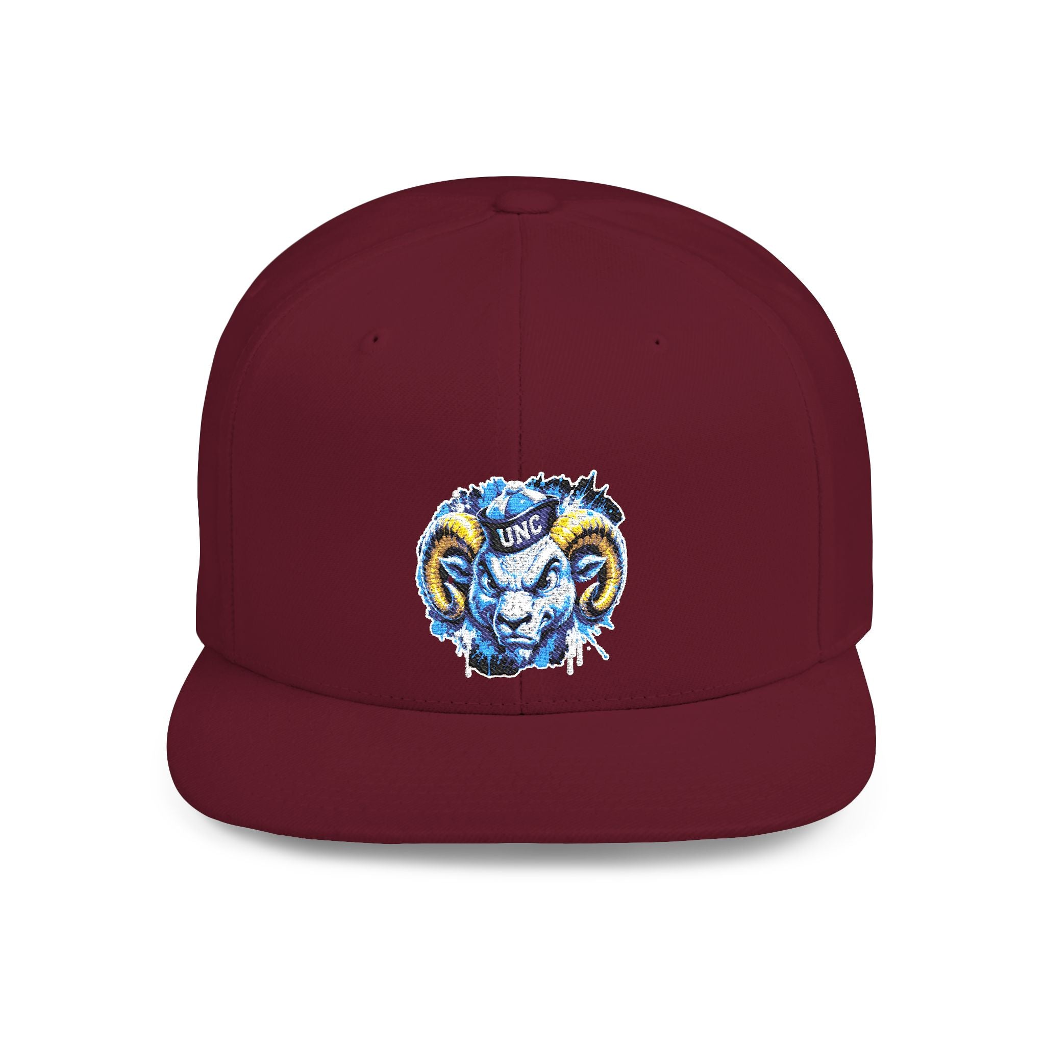 Ram Head Snapback Hat — Blue & Gold Embroidered Flat-Bill Cap