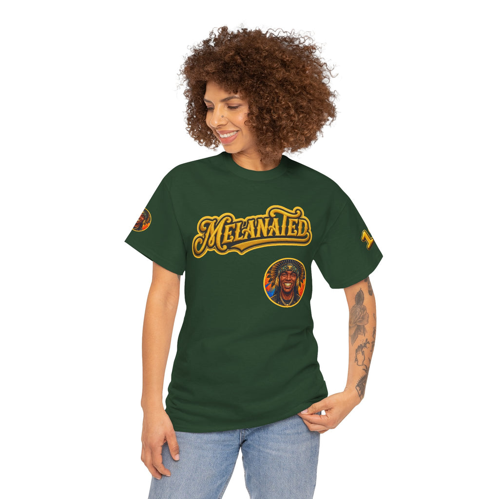 Melanated 19 Graphic Tee — Retro Script Logo & Gold Number Baseball Shirt