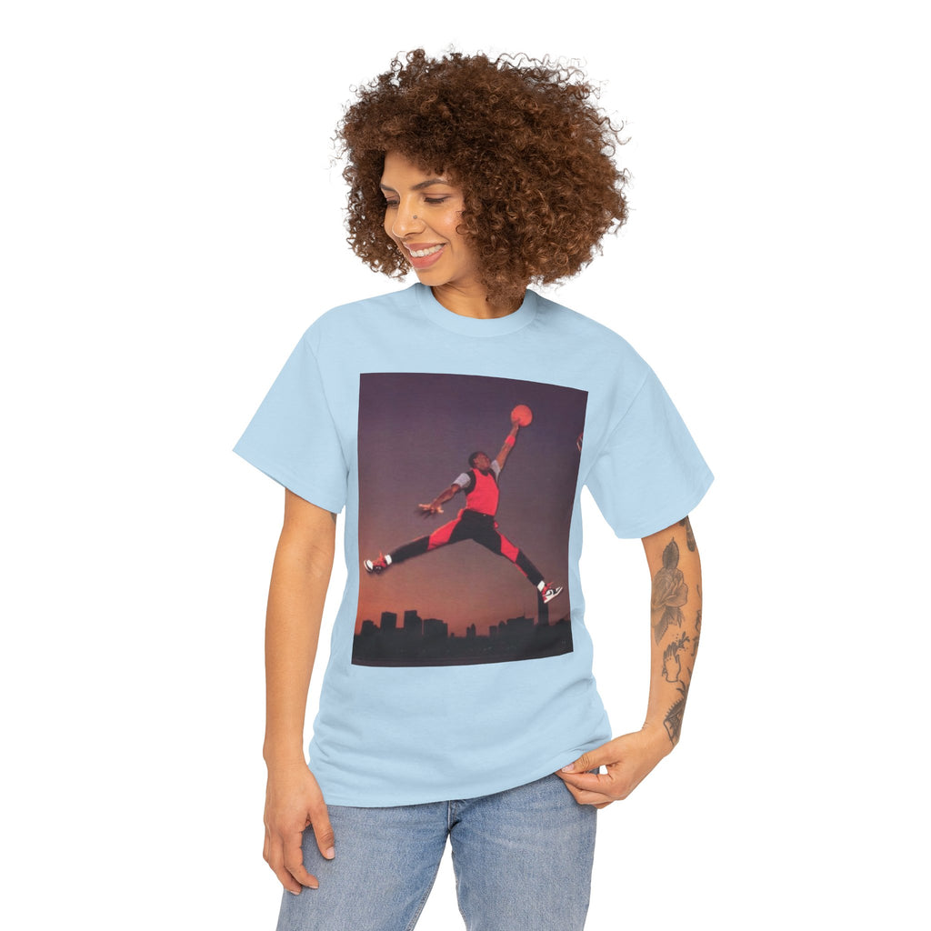 Basketball Jumpman Tee — Retro Skyline Graphic T-Shirt with Red Fist Back Emblem
