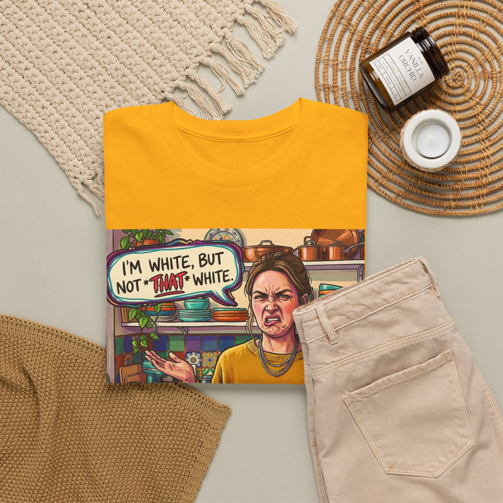 Graphic Tee — "I'm White, But Not THAT White" Illustration with Back Raised Fist Logo